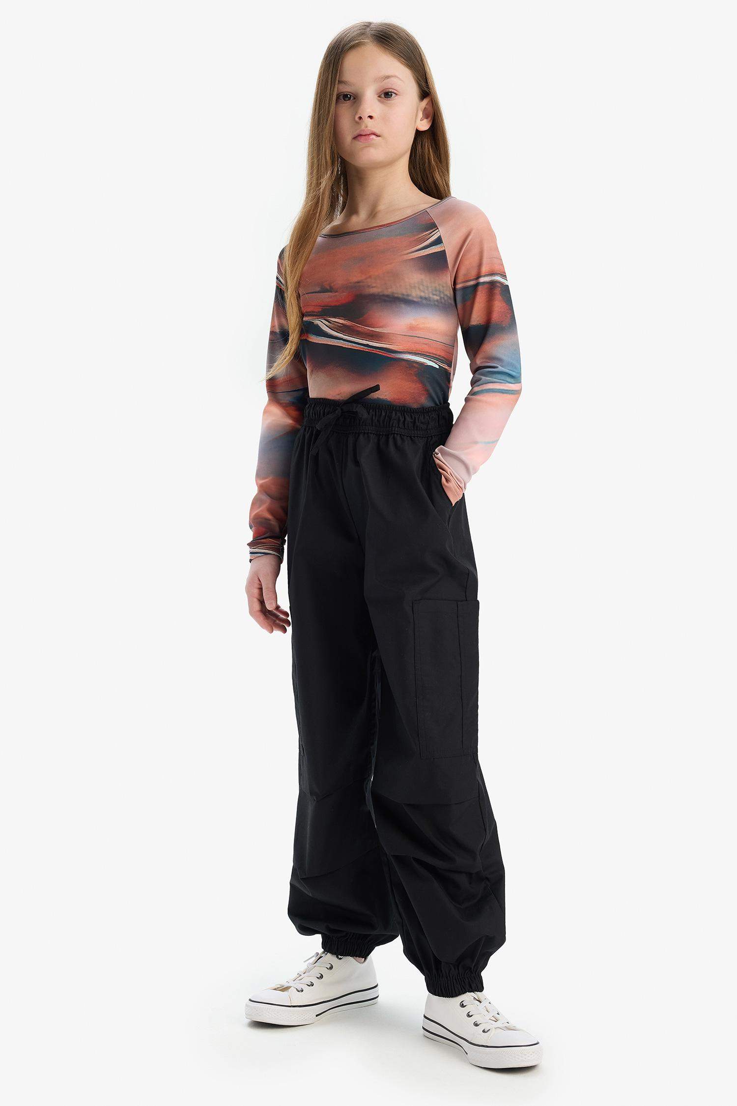 Kız Çocuk Slim Fit Dar Kesim Kaçık Yaka Uzun Kollu Tişört