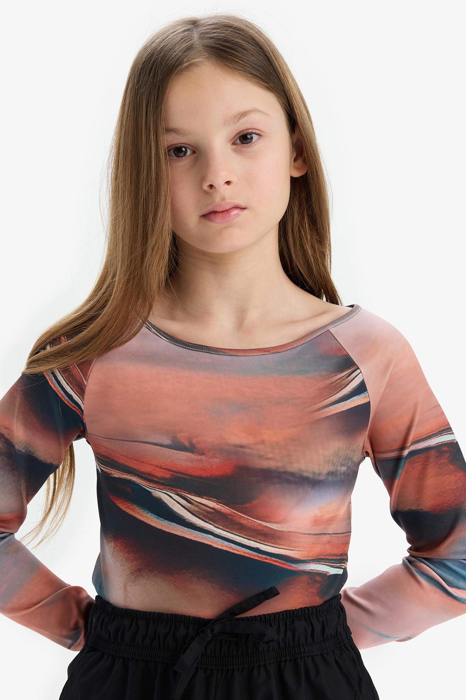 Kız Çocuk Slim Fit Dar Kesim Kaçık Yaka Uzun Kollu Tişört