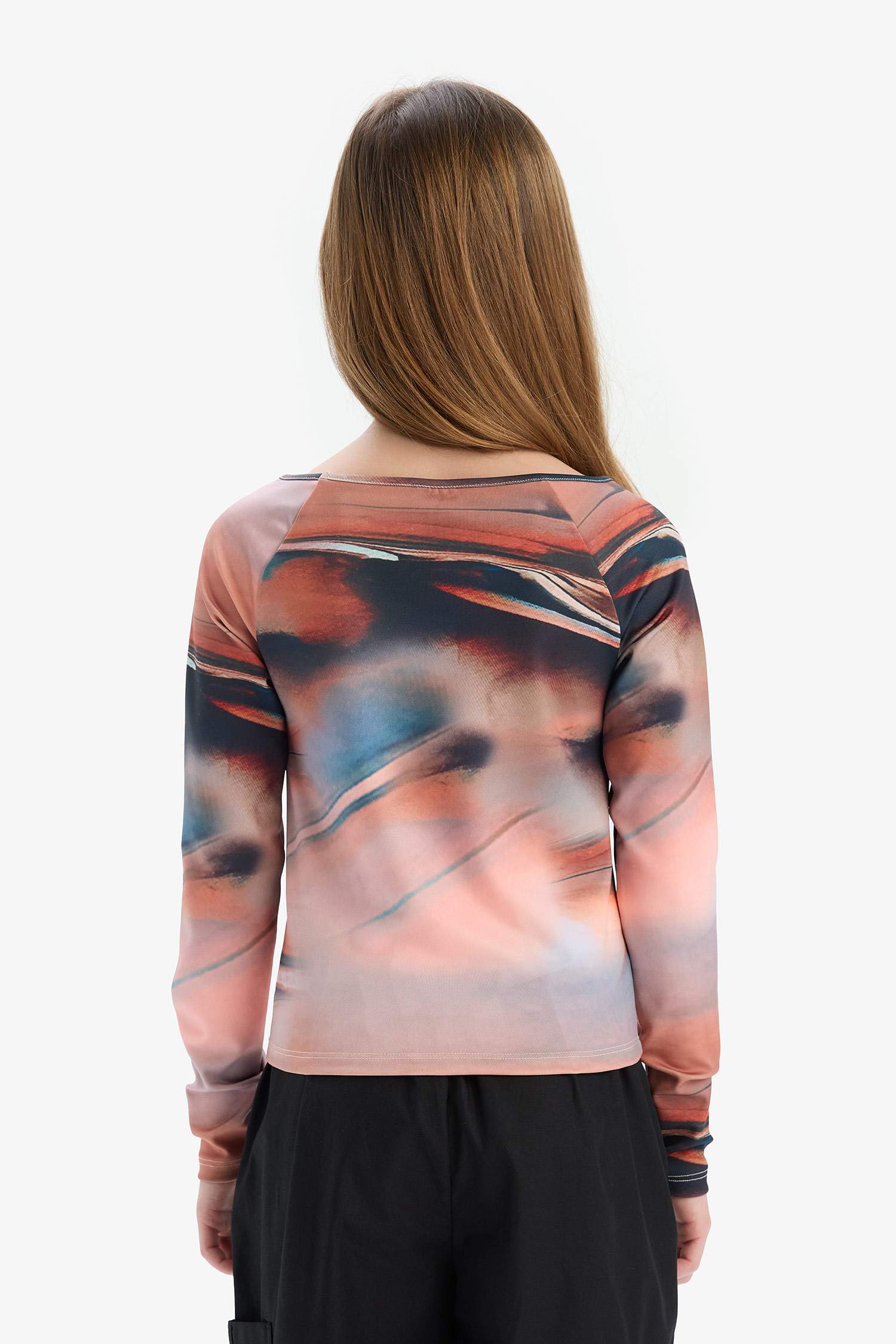 Kız Çocuk Slim Fit Dar Kesim Kaçık Yaka Uzun Kollu Tişört