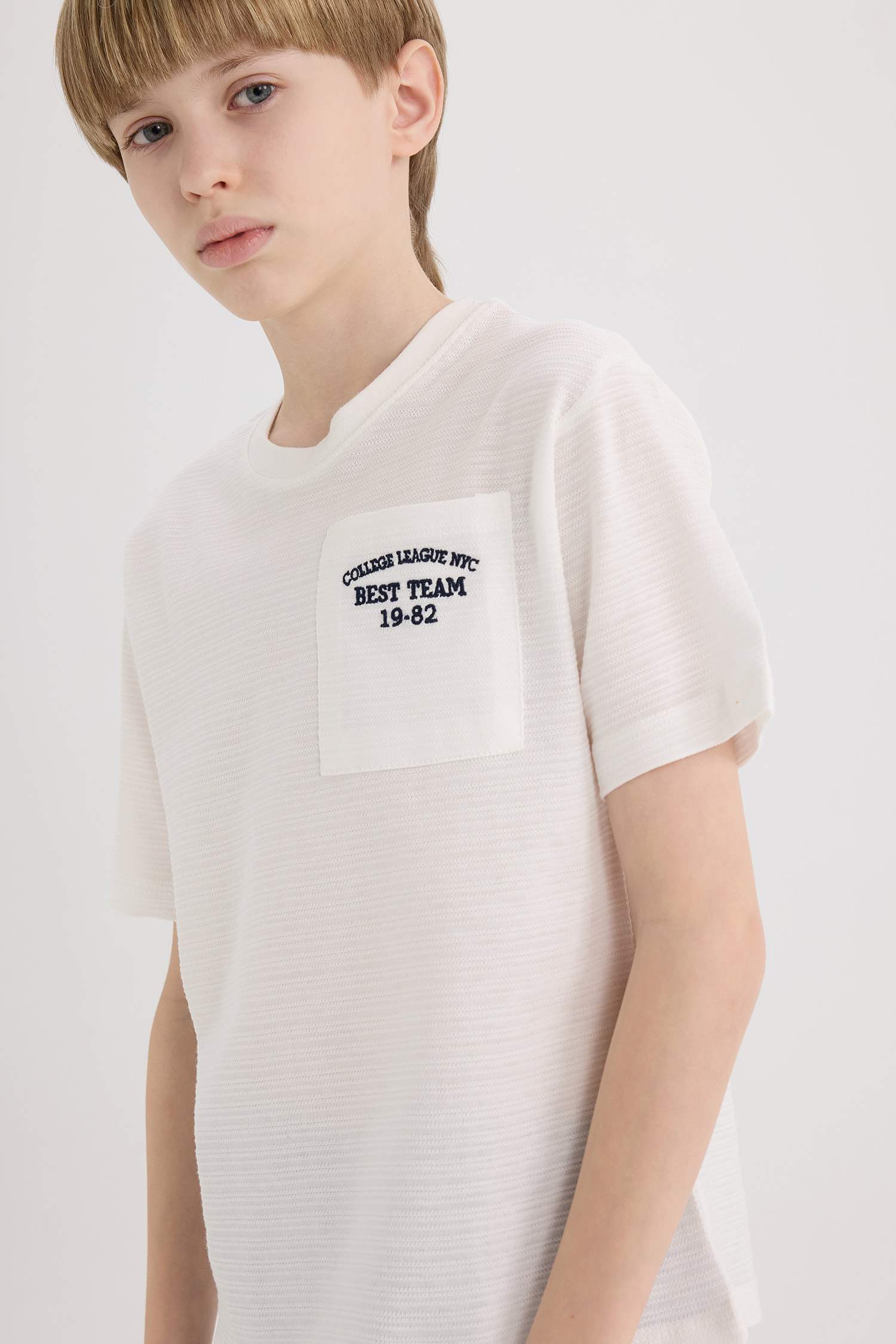 Boy Crew Neck Embroidered Pocket Printed T-Shirt