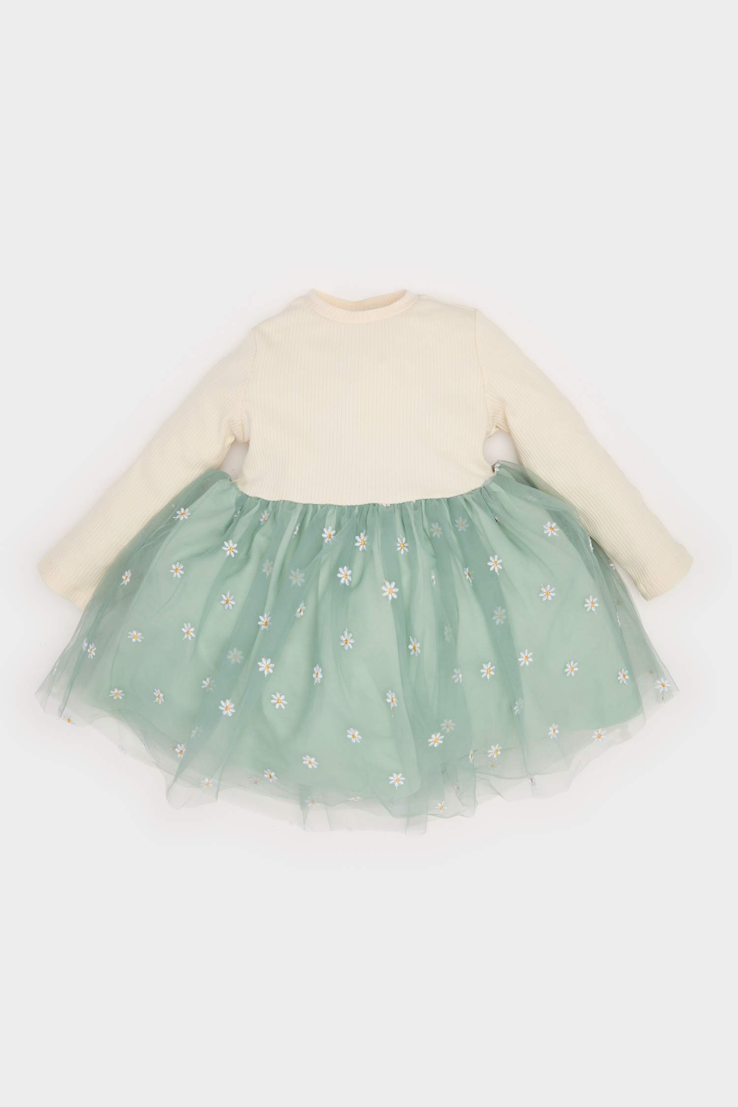 فستان بيبي بناتي فلورال تول قصة عادية كم طويل بياقة مستديرة