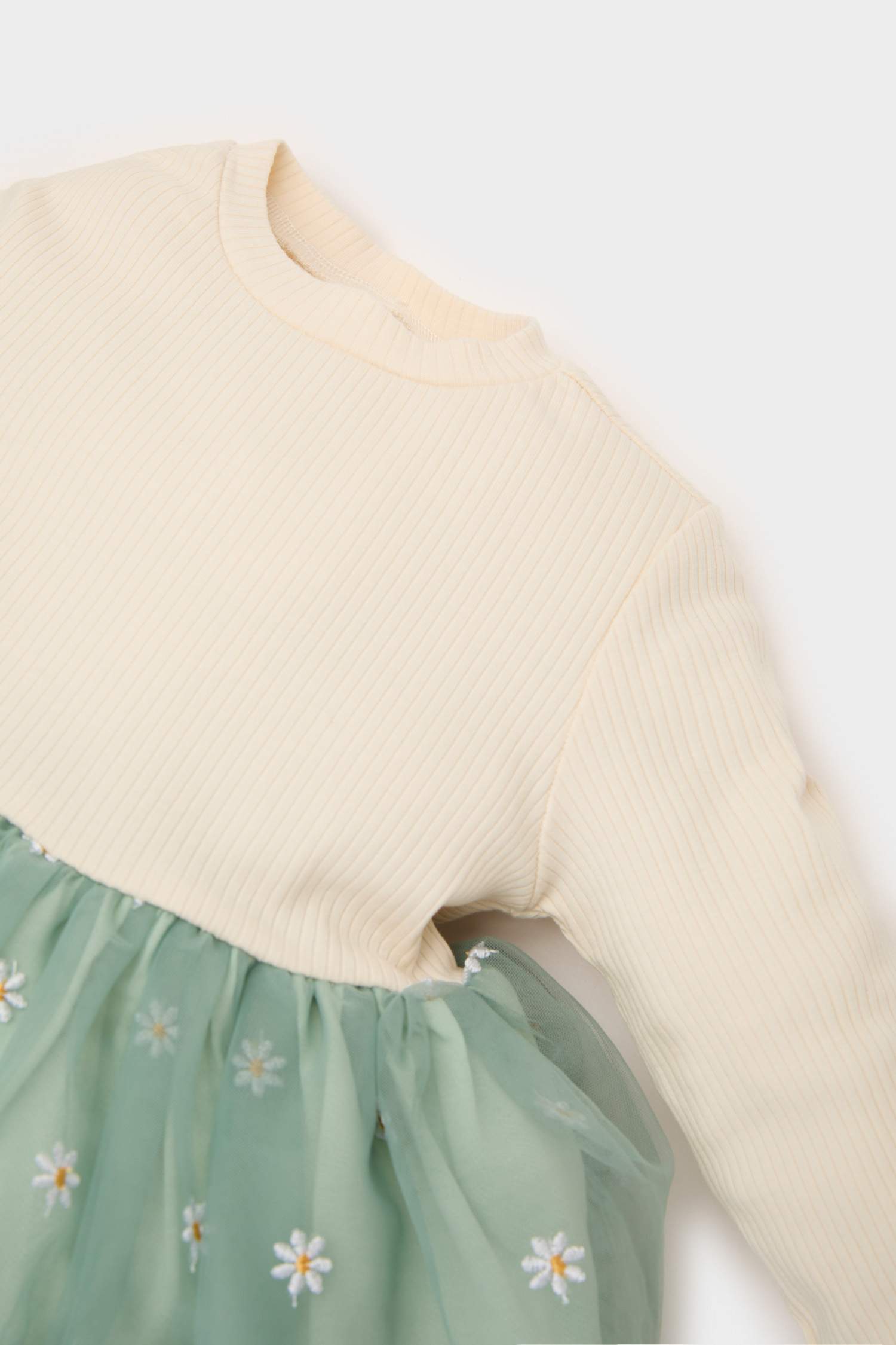 فستان بيبي بناتي فلورال تول قصة عادية كم طويل بياقة مستديرة