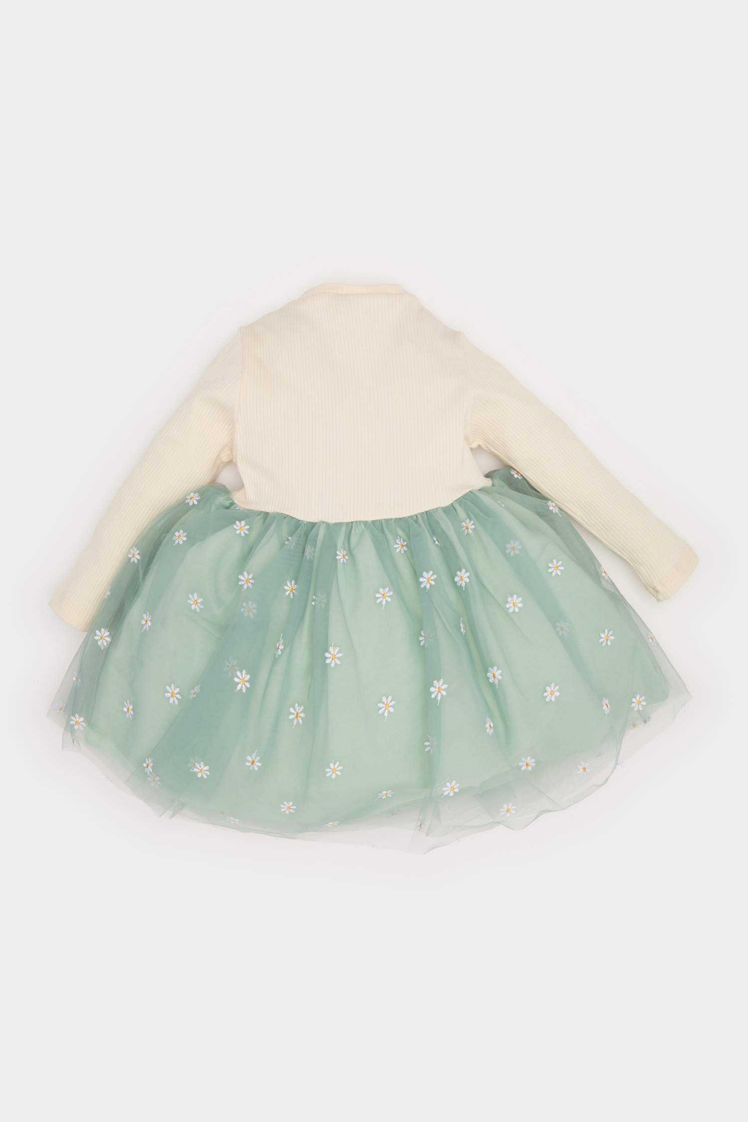 فستان بيبي بناتي فلورال تول قصة عادية كم طويل بياقة مستديرة