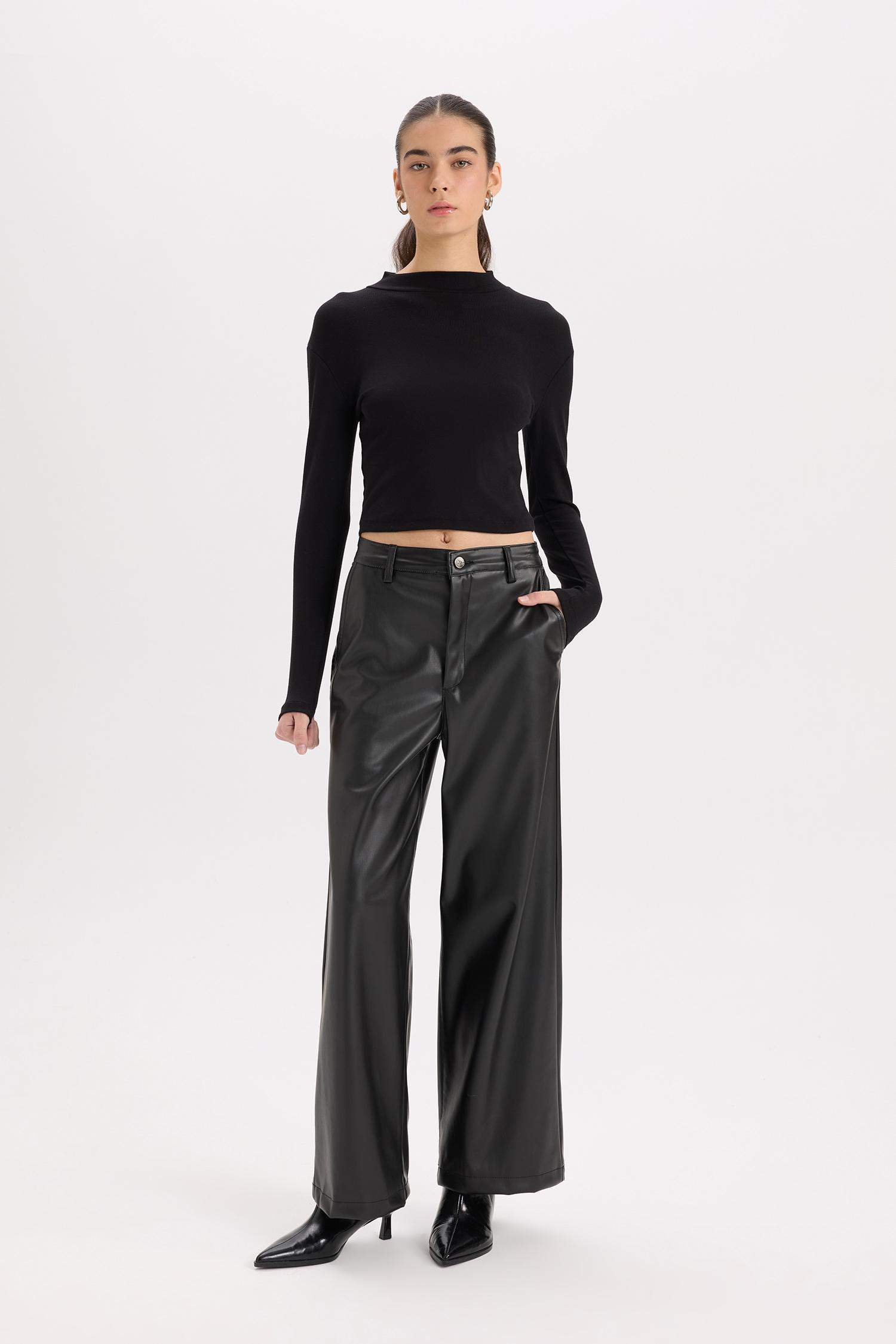 Culotte Suni Deri Kışlık Pantolon Cepli Yüksek Bel Geniş Paça