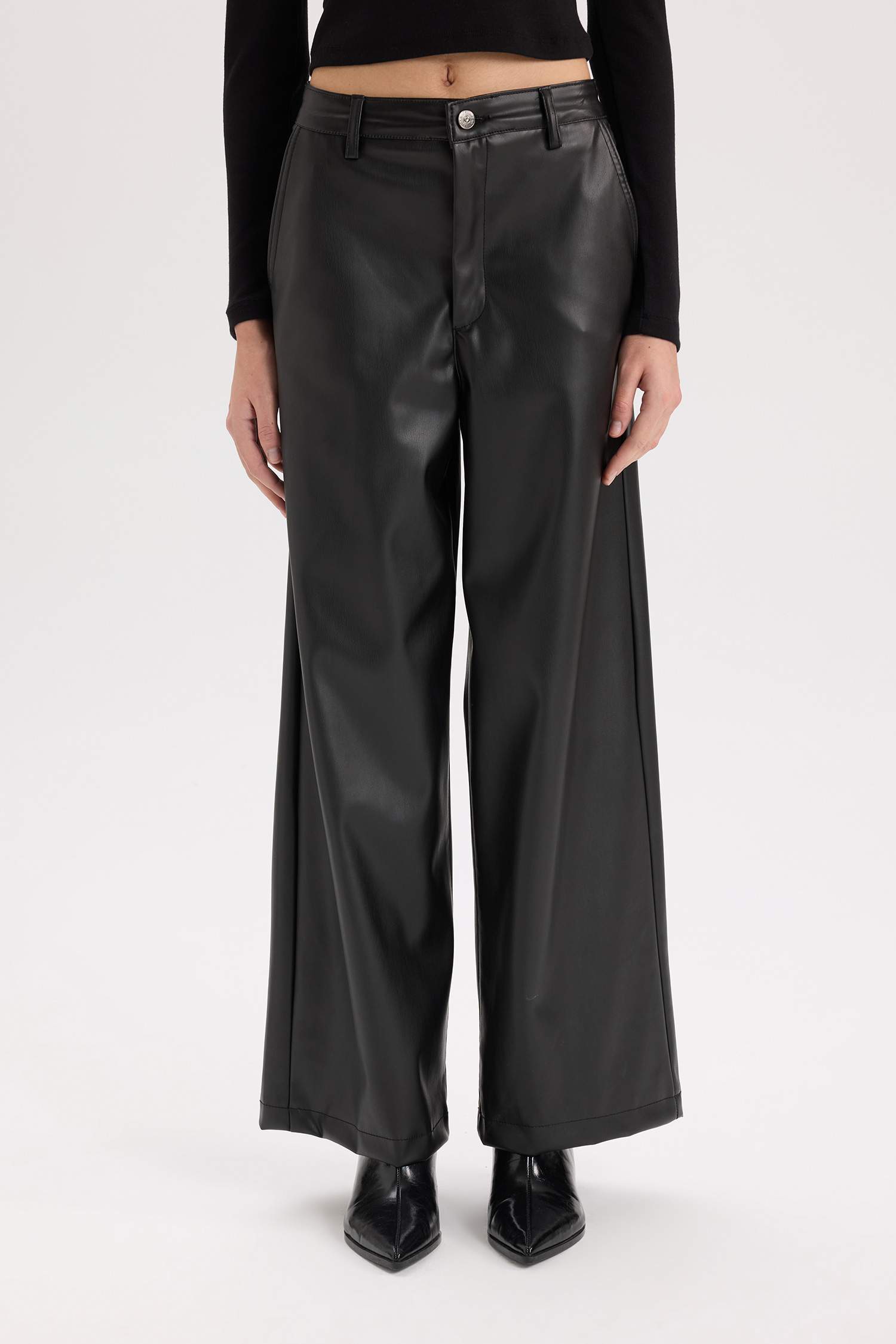 Culotte Suni Deri Kışlık Pantolon Cepli Yüksek Bel Geniş Paça
