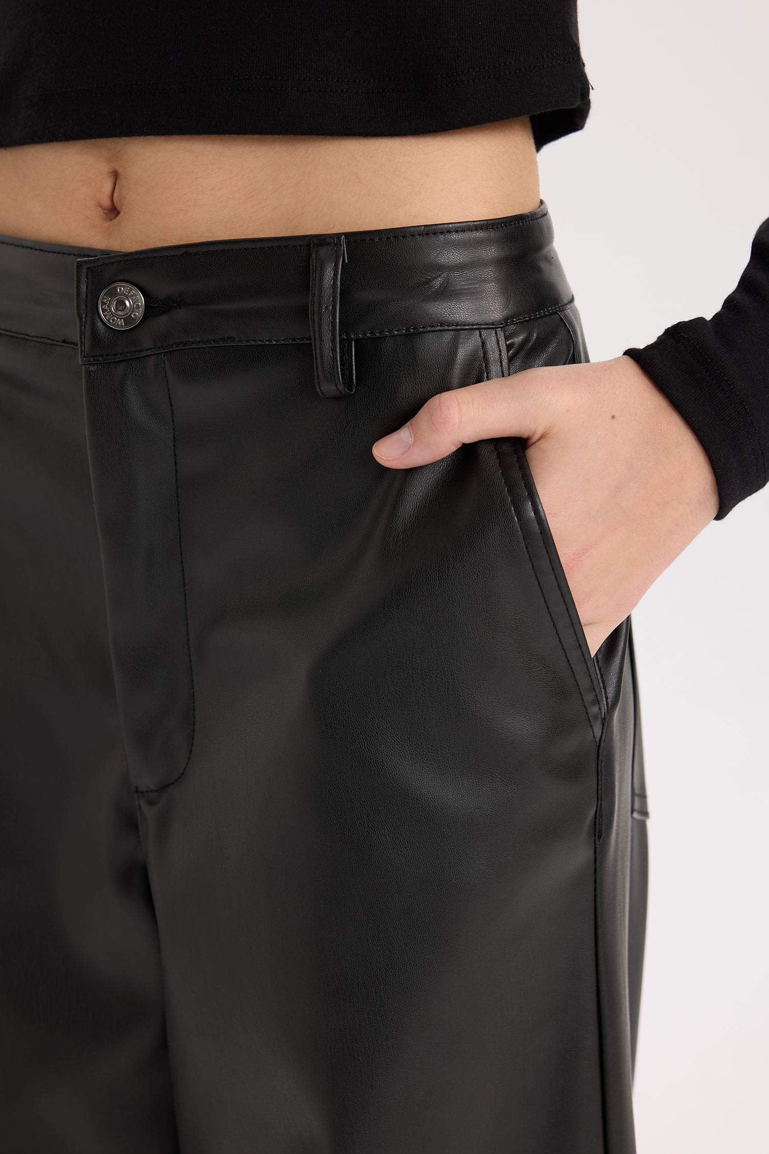 Culotte Suni Deri Kışlık Pantolon Cepli Yüksek Bel Geniş Paça