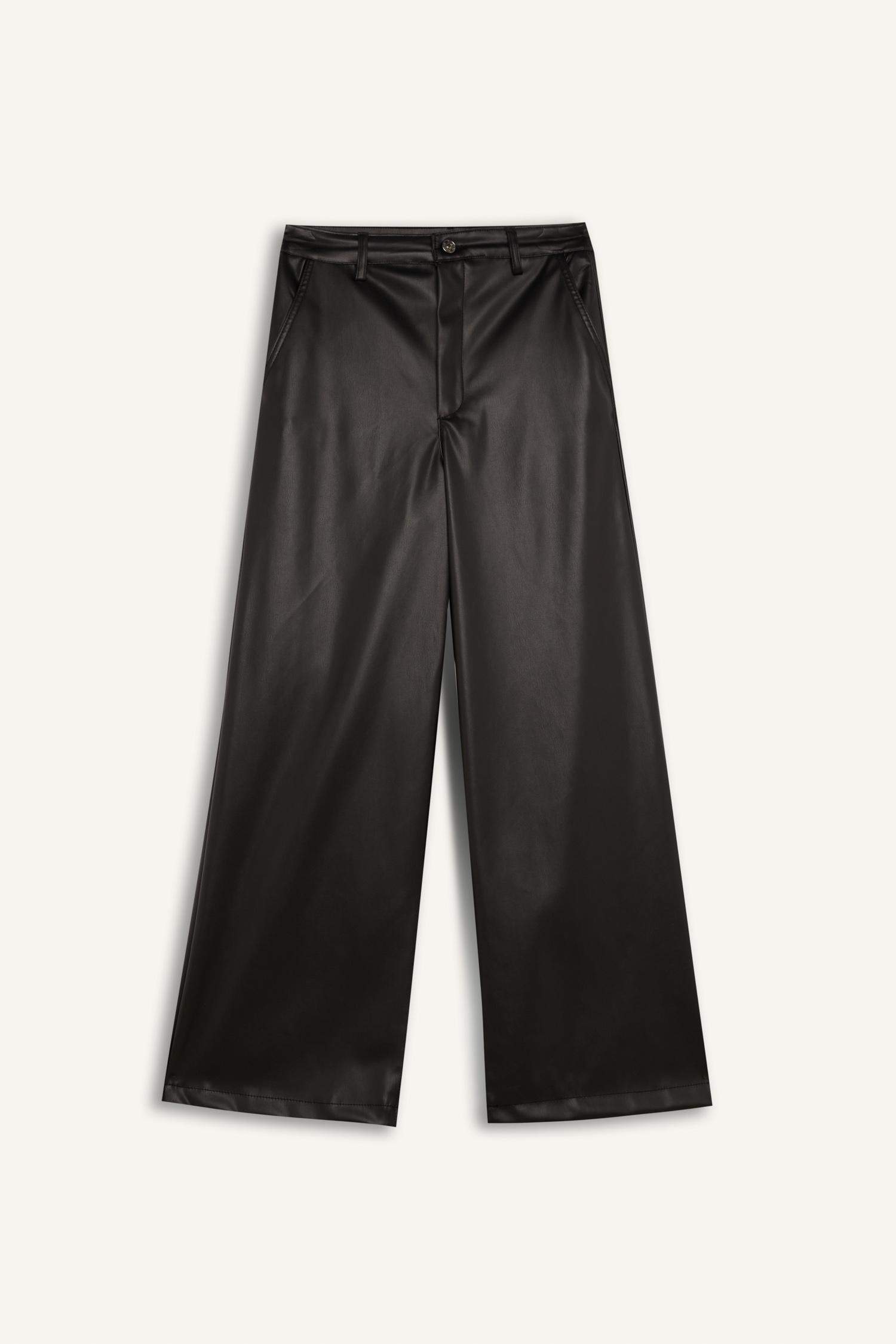 Culotte Suni Deri Kışlık Pantolon Cepli Yüksek Bel Geniş Paça