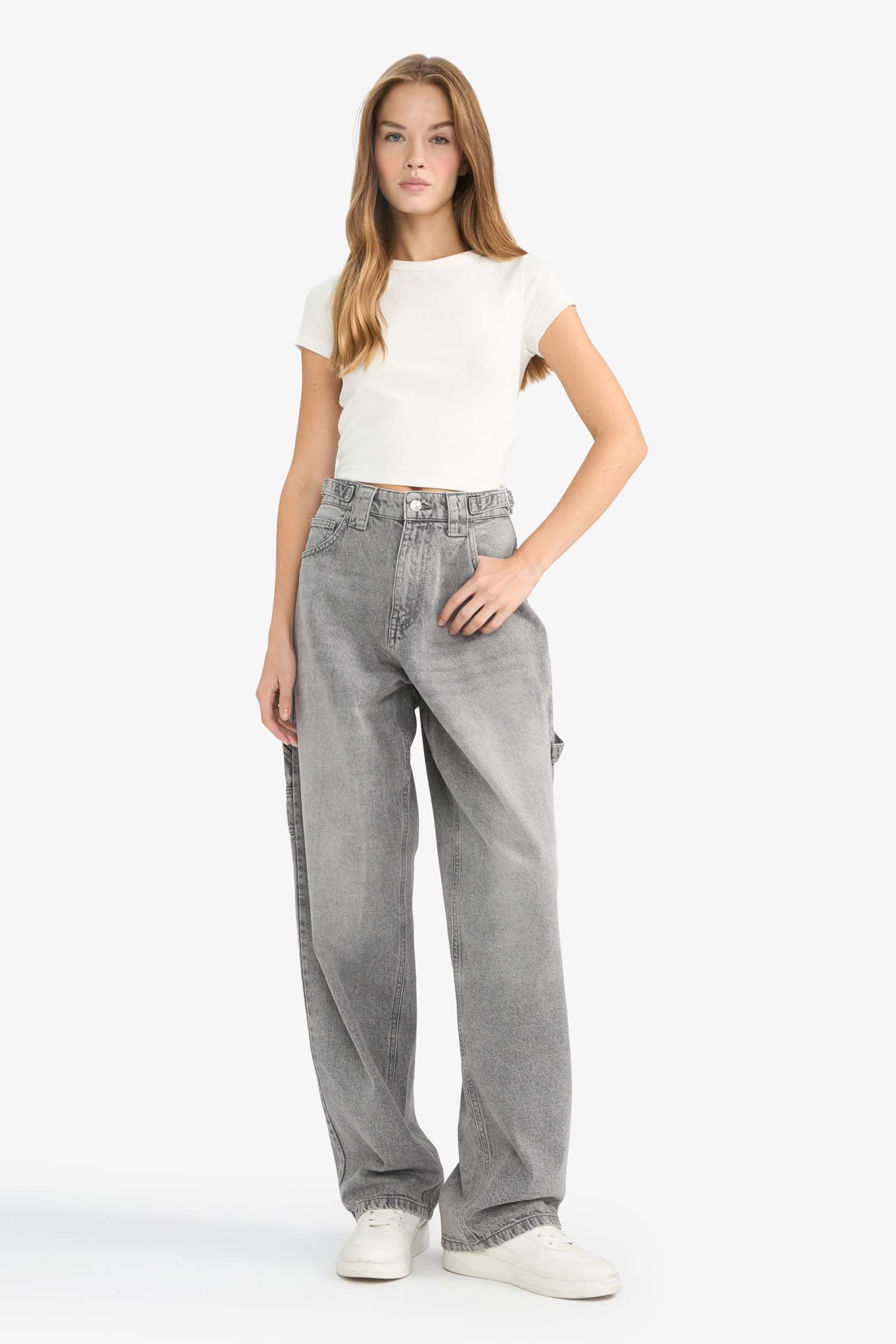 Baggy Fit Yüksek Bel Uzun Jean Yıkamalı Pantolon