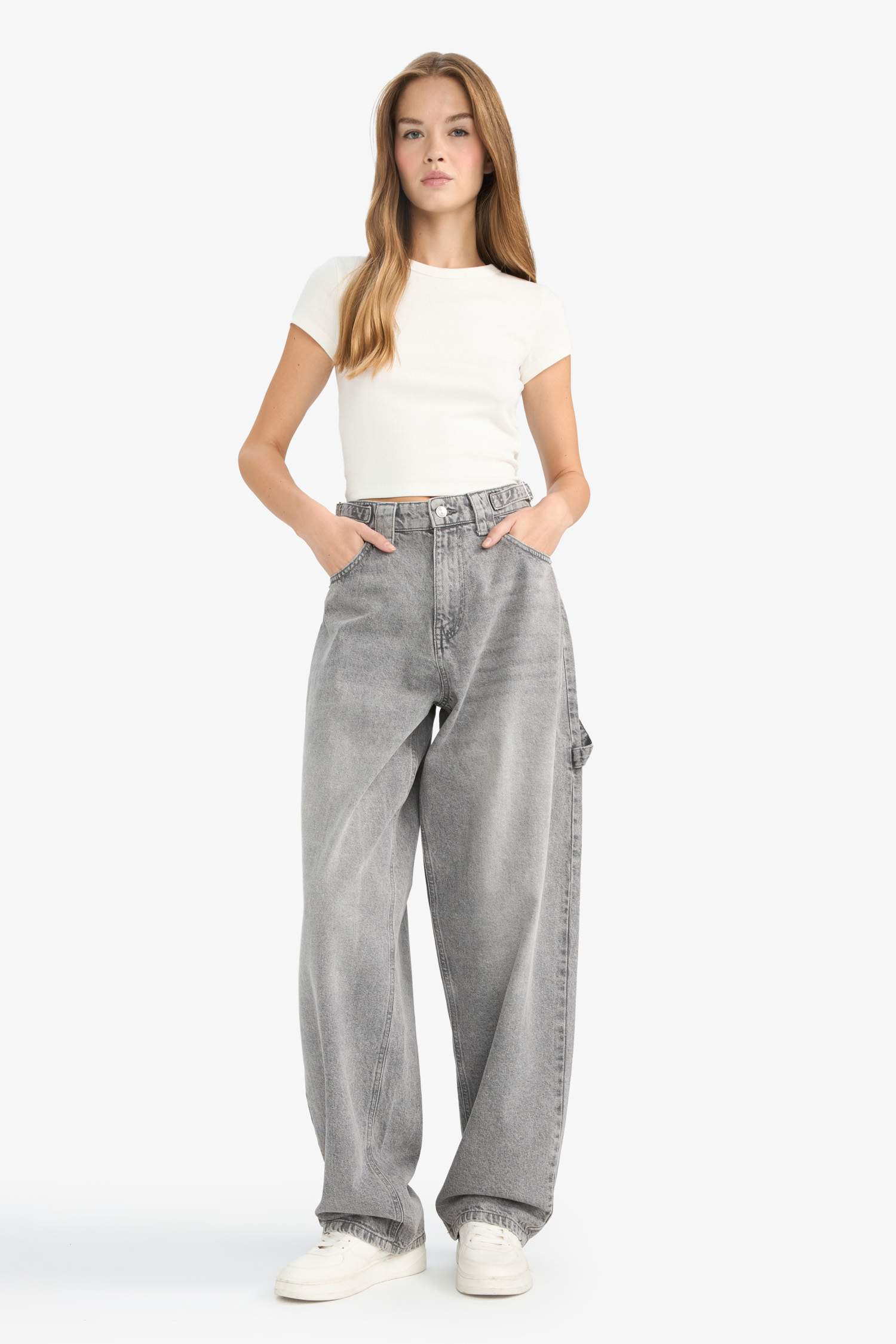 Baggy Fit Yüksek Bel Uzun Jean Yıkamalı Pantolon