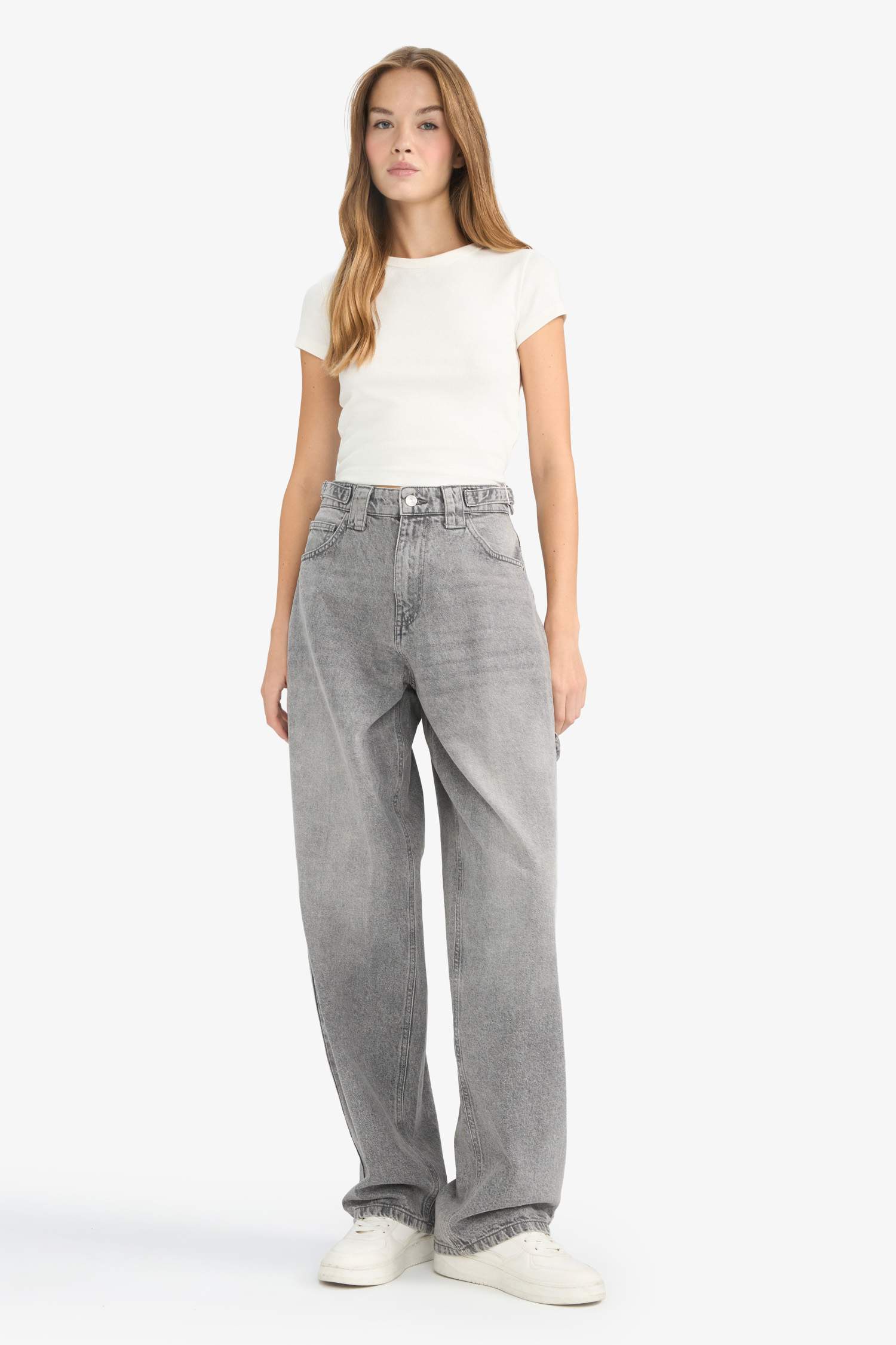 Baggy Fit Yüksek Bel Uzun Jean Yıkamalı Pantolon