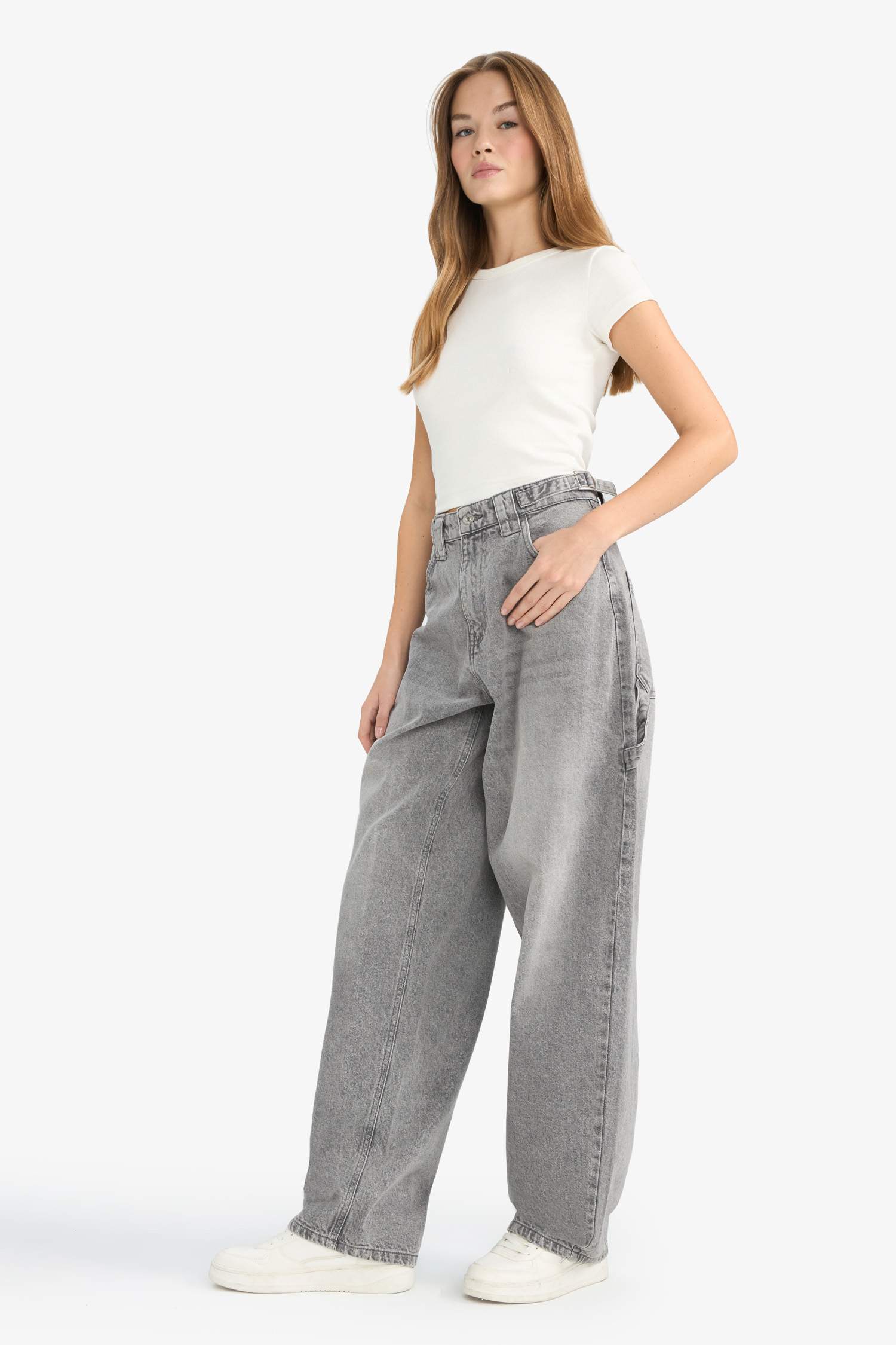 Baggy Fit Yüksek Bel Uzun Jean Yıkamalı Pantolon