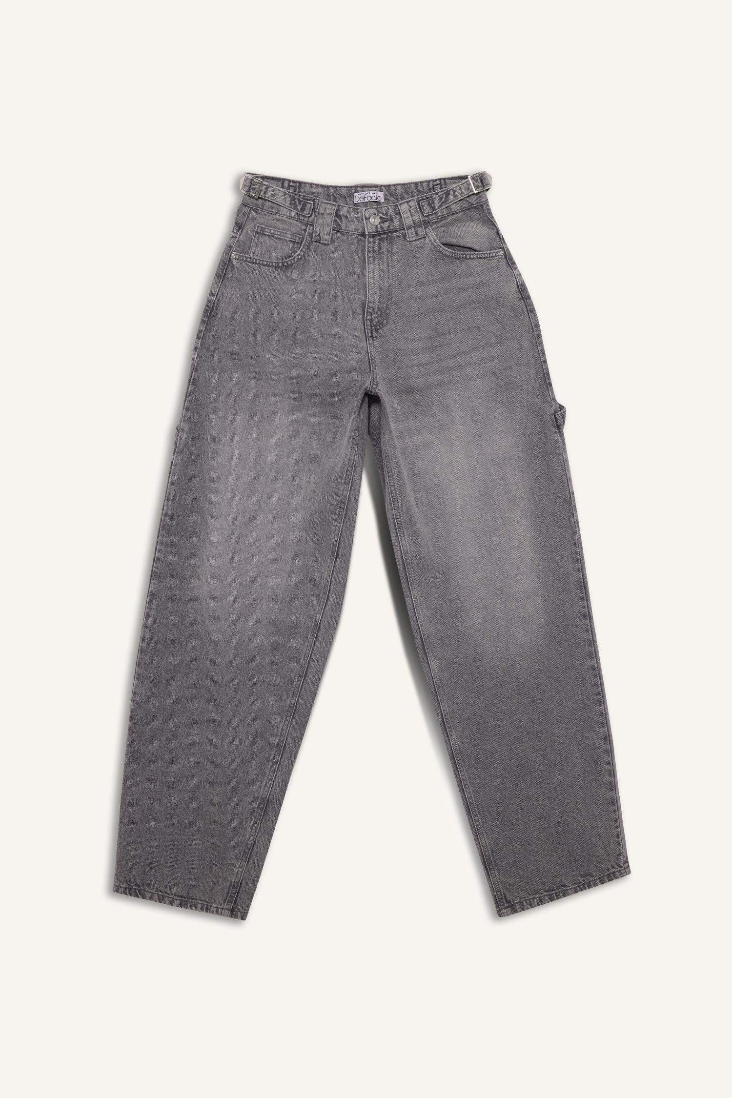 Baggy Fit Yüksek Bel Uzun Jean Yıkamalı Pantolon