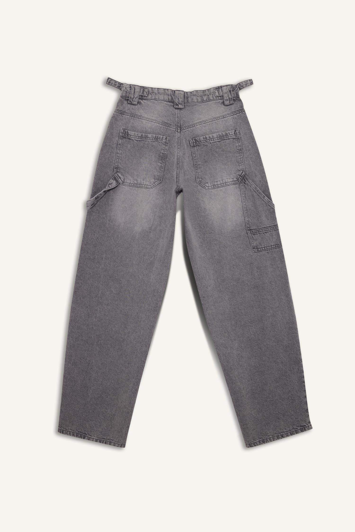 Baggy Fit Yüksek Bel Uzun Jean Yıkamalı Pantolon