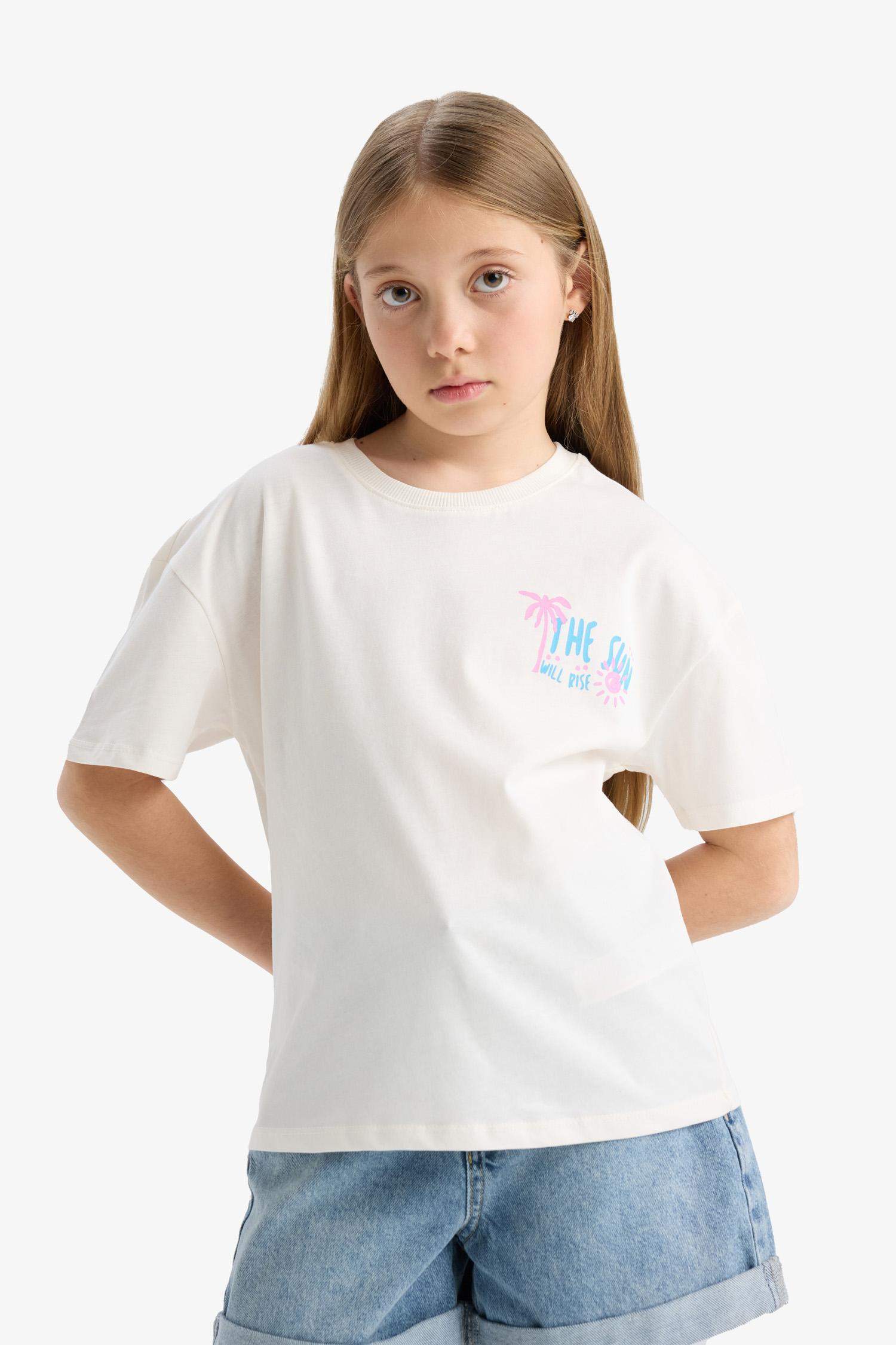 Kız Çocuk Relax Fit Bisiklet Yaka Baskılı 2'li Kısa Kollu Tişört