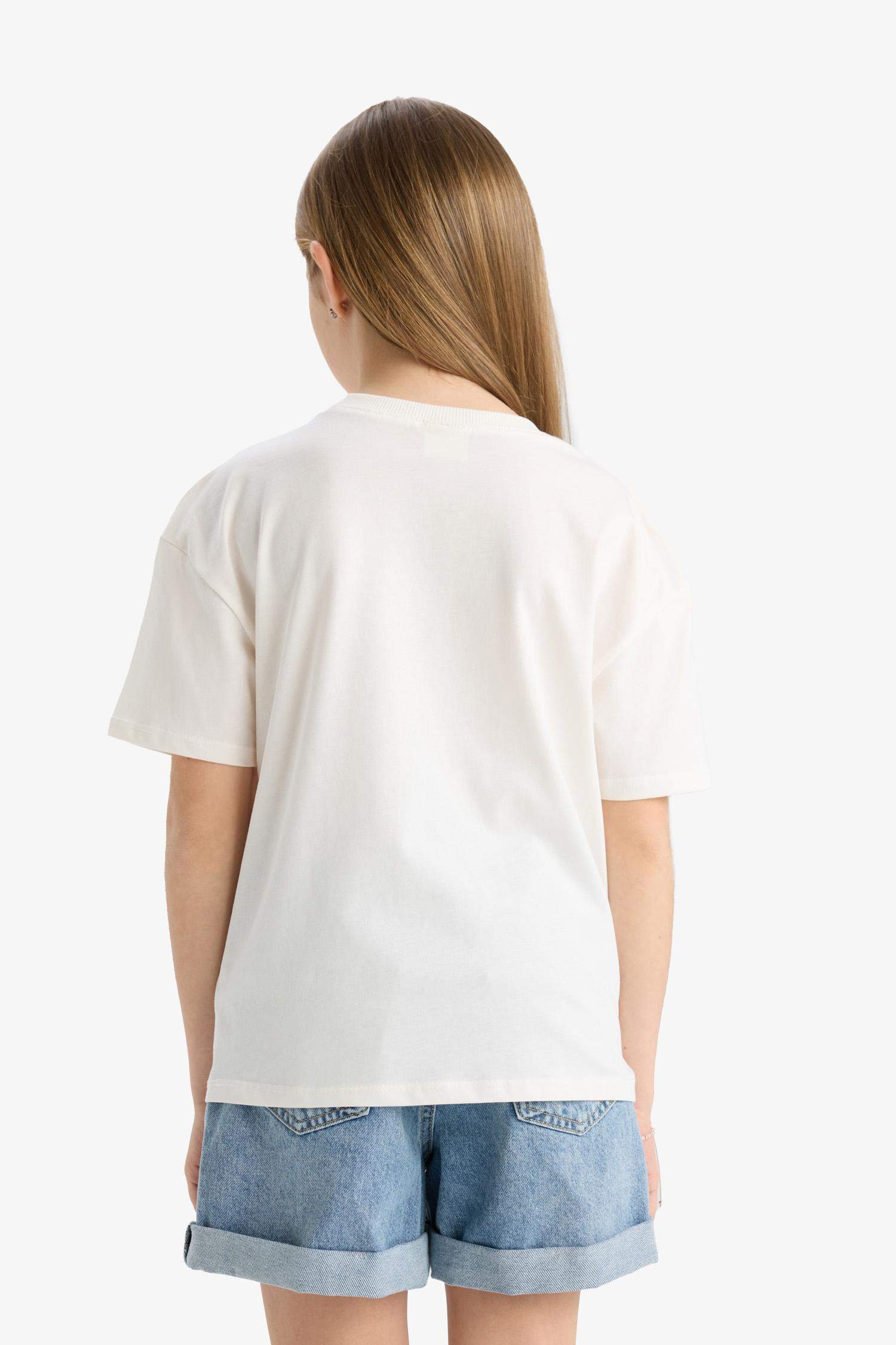 Kız Çocuk Relax Fit Bisiklet Yaka Baskılı 2'li Kısa Kollu Tişört