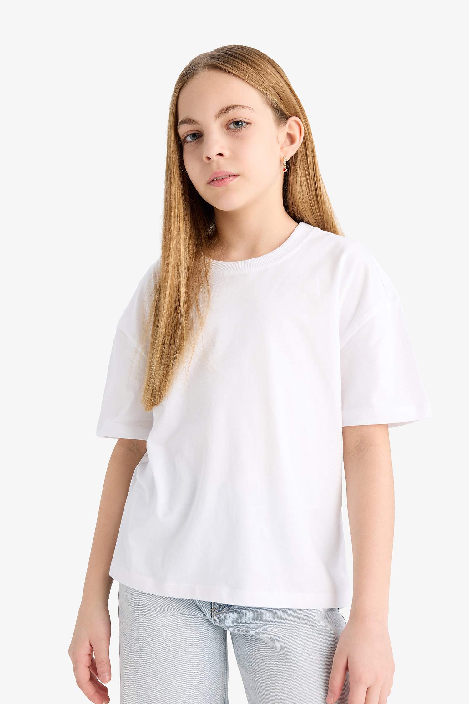 Kız Çocuk Relax Fit Bisiklet Yaka Basic Düz 2'li Kısa Kollu Tişört