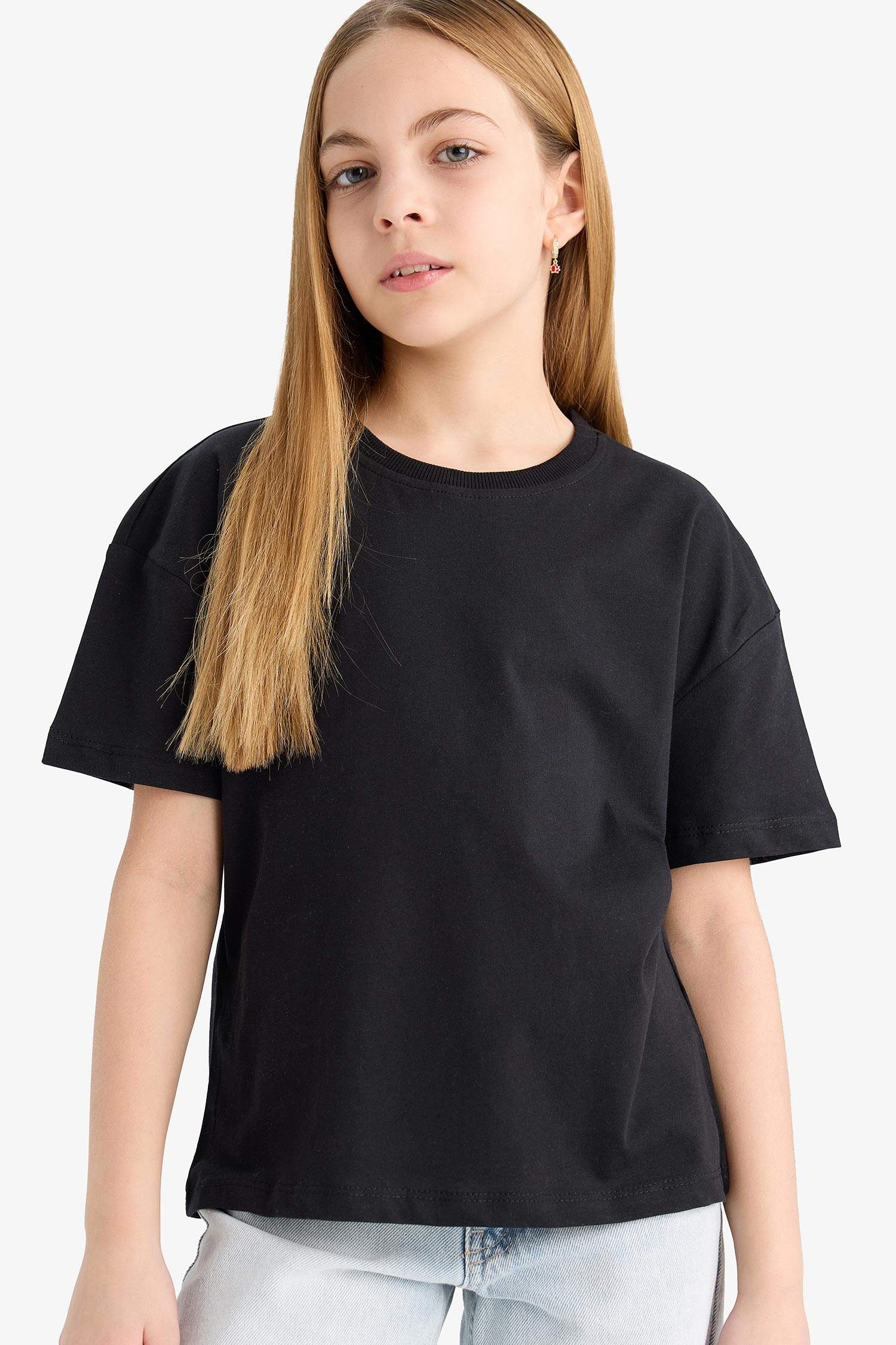 Kız Çocuk Relax Fit Bisiklet Yaka Basic Düz 2'li Kısa Kollu Tişört