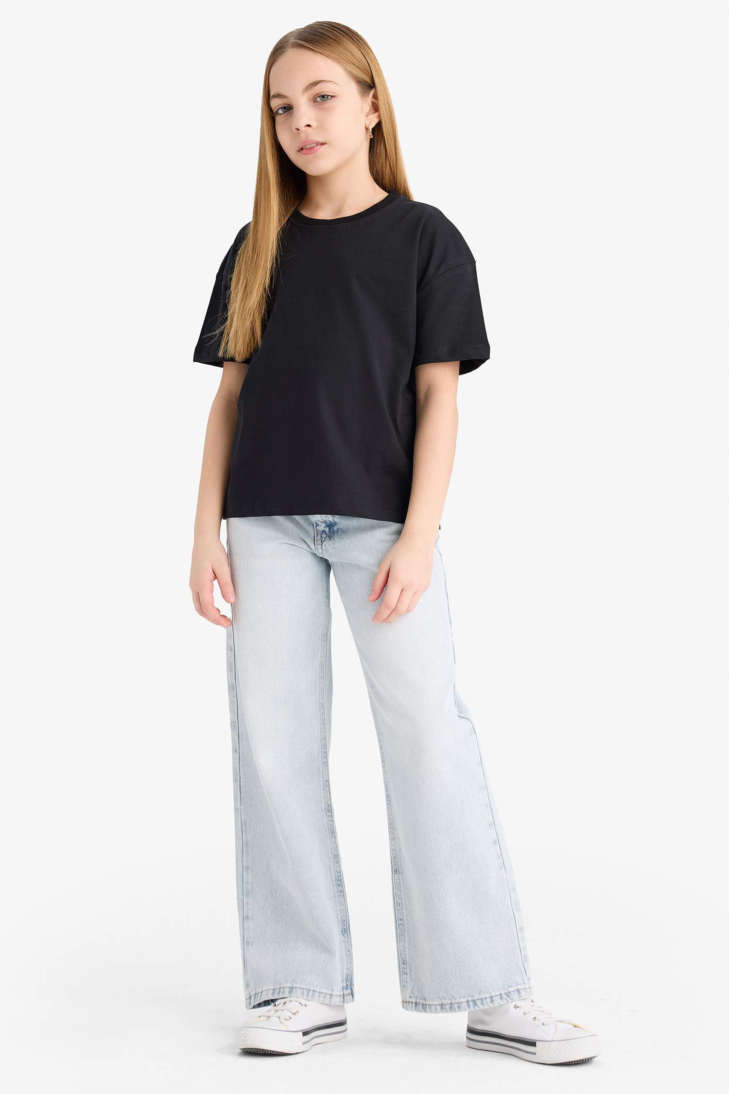 Kız Çocuk Relax Fit Bisiklet Yaka Basic Düz 2'li Kısa Kollu Tişört