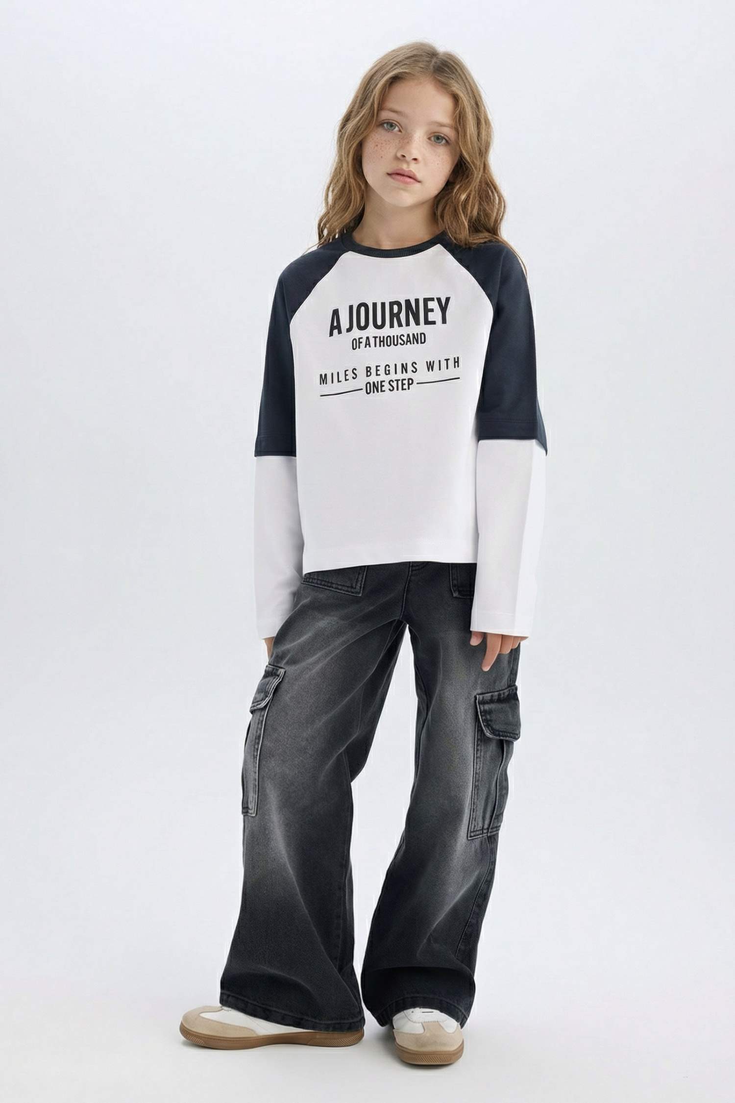 Oversize Geniş Kalıp Bisiklet Yaka Baskılı Uzun Kollu Tişört Kız Çocuk