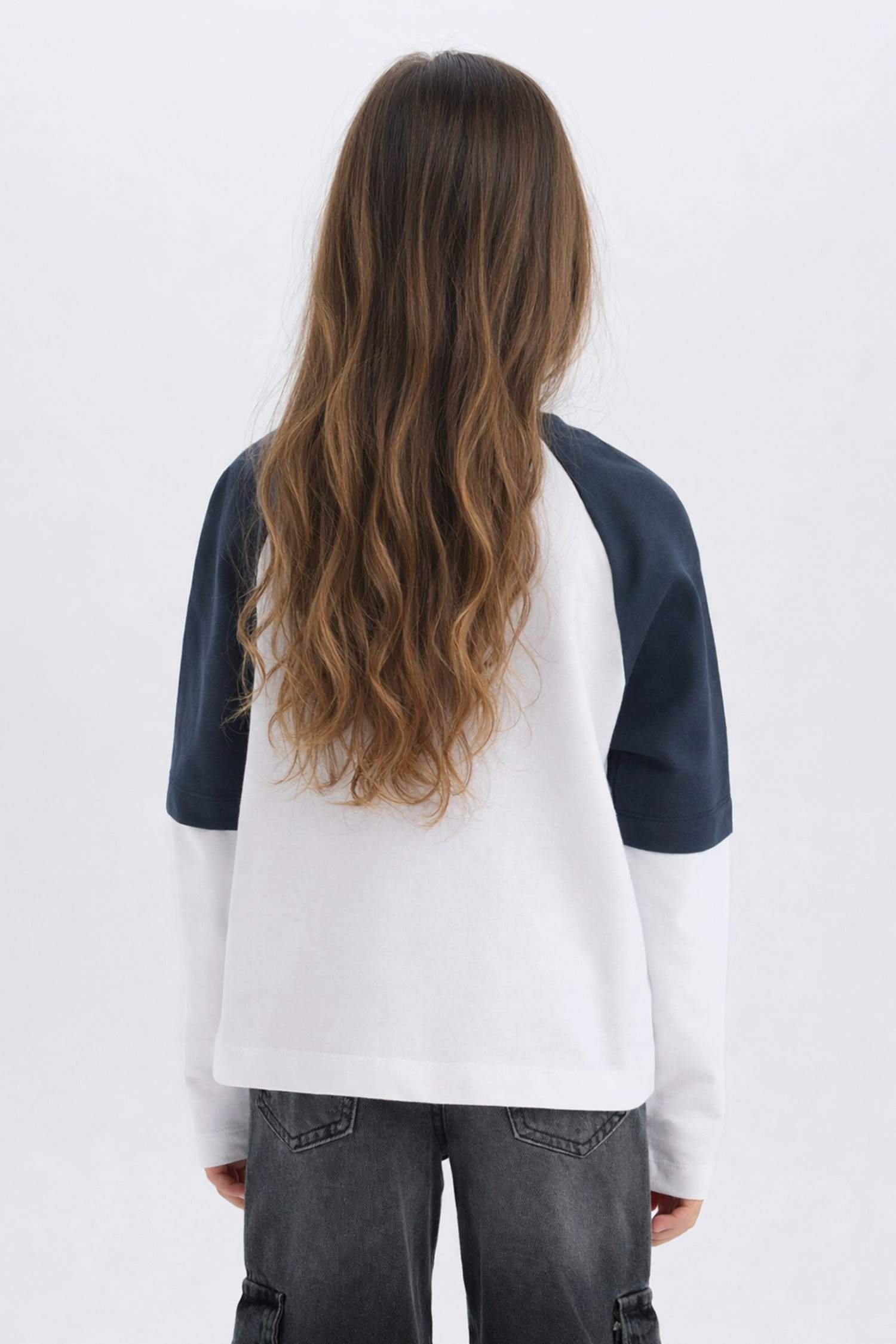 Oversize Geniş Kalıp Bisiklet Yaka Baskılı Uzun Kollu Tişört Kız Çocuk