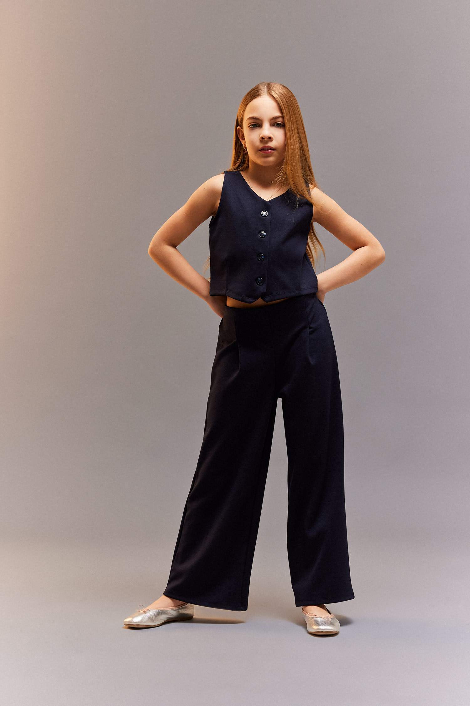 Kız Çocuk 2'li Takım Düğmeli Yelek Geniş Bol Paça Pantolon