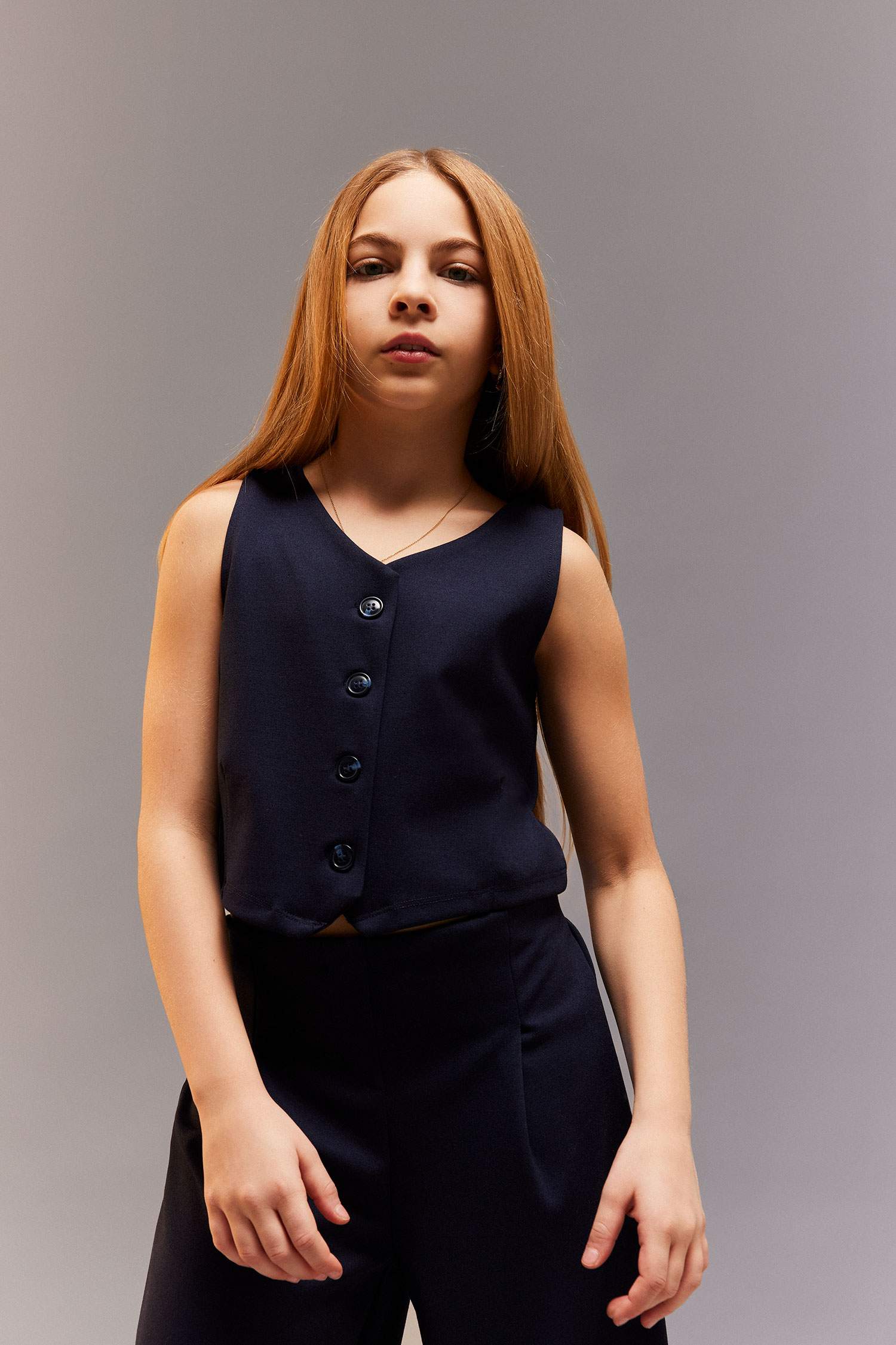 Kız Çocuk 2'li Takım Düğmeli Yelek Geniş Bol Paça Pantolon