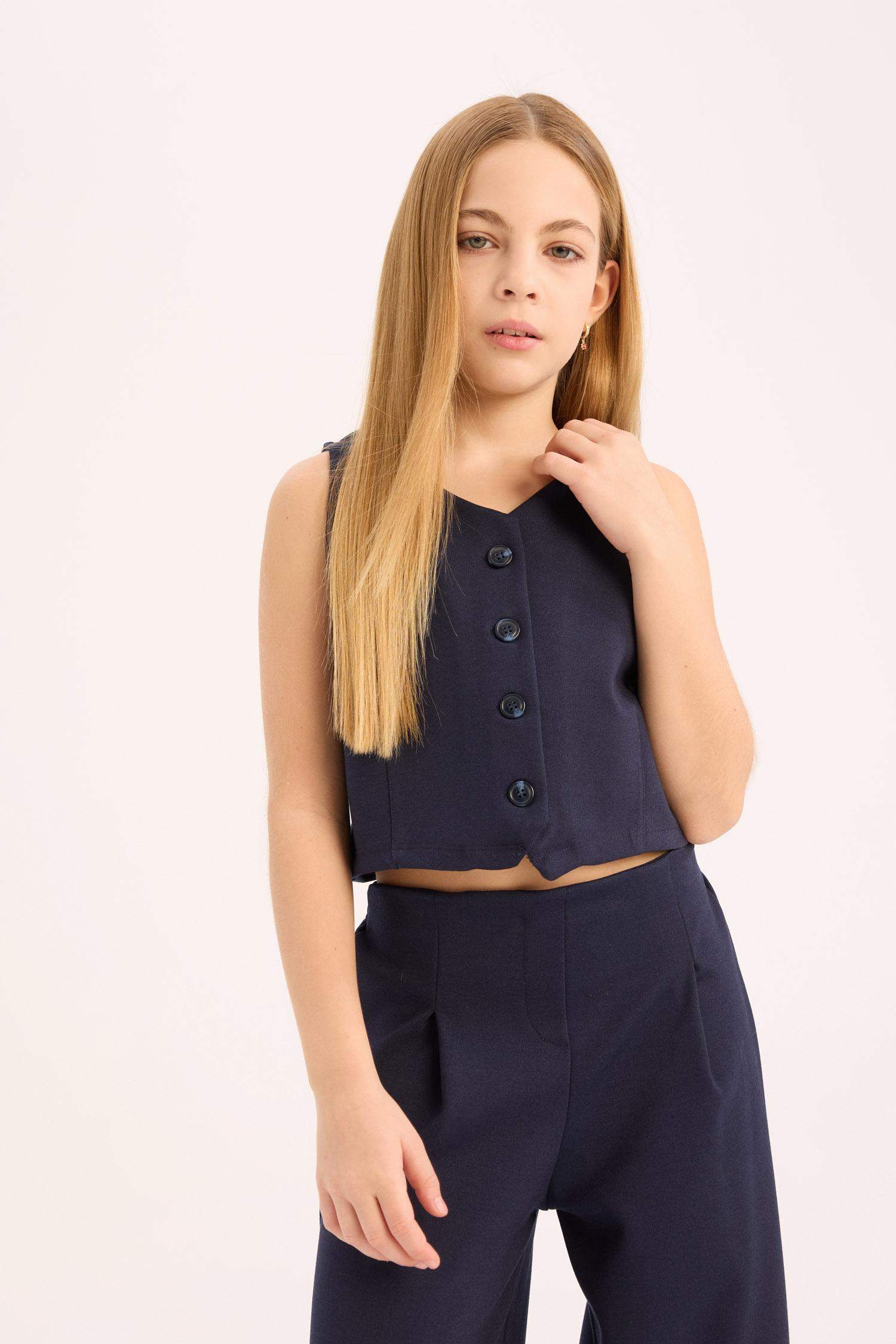 Kız Çocuk 2'li Takım Düğmeli Yelek Geniş Bol Paça Pantolon