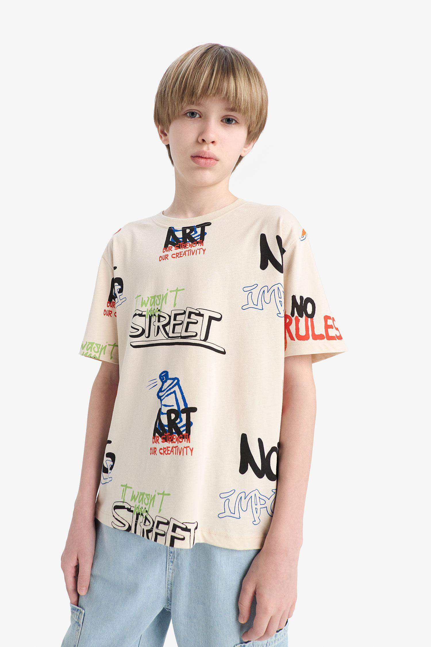 Ұлдарға дөңгелек жаға басып шығарылған қысқа жеңді Қысқа жеңді футболка