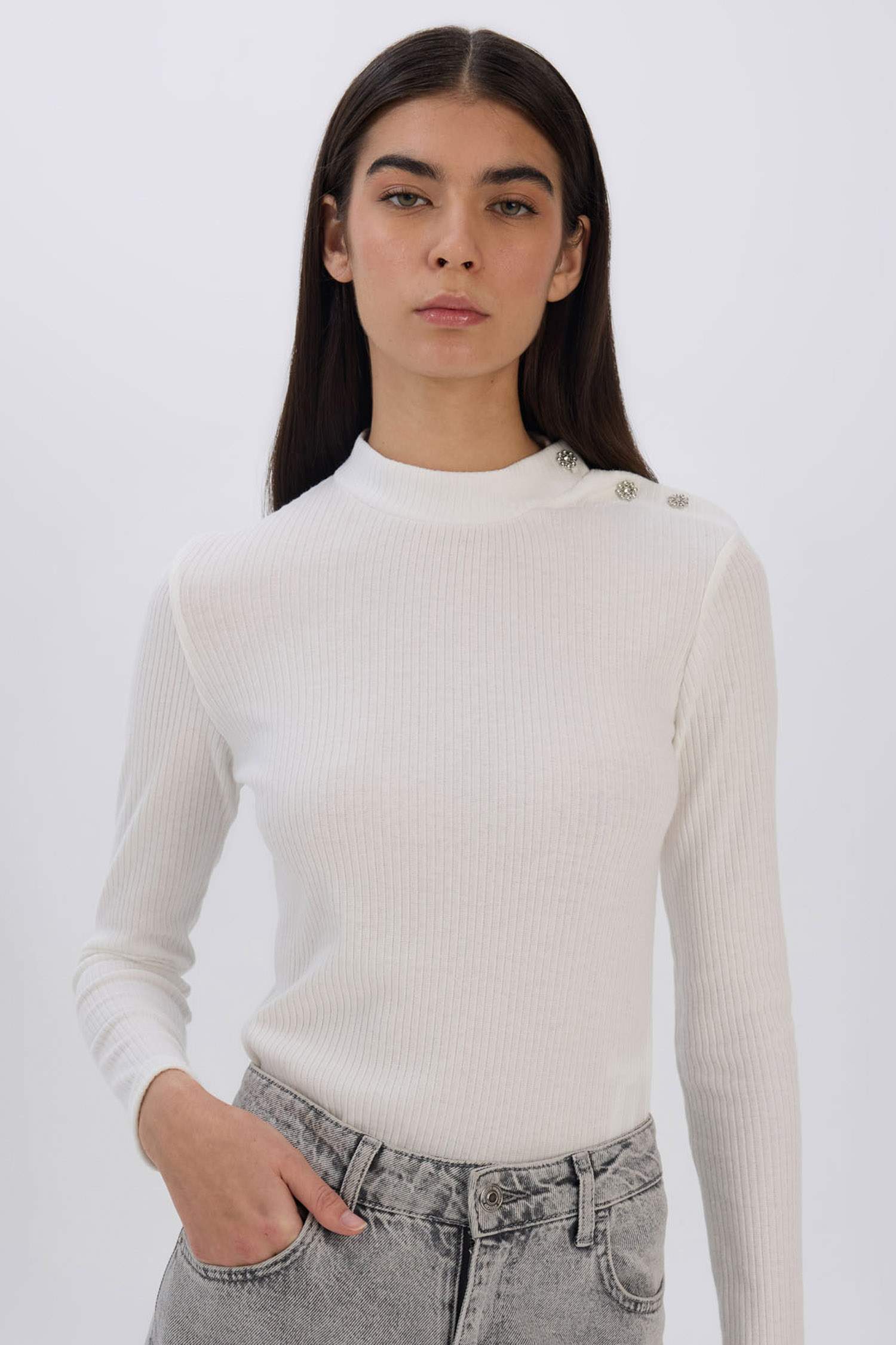 Slim Fit Dar Kesim Yarım Balıkçı Yaka Fitilli Kaşkorse Uzun Kollu Tişört