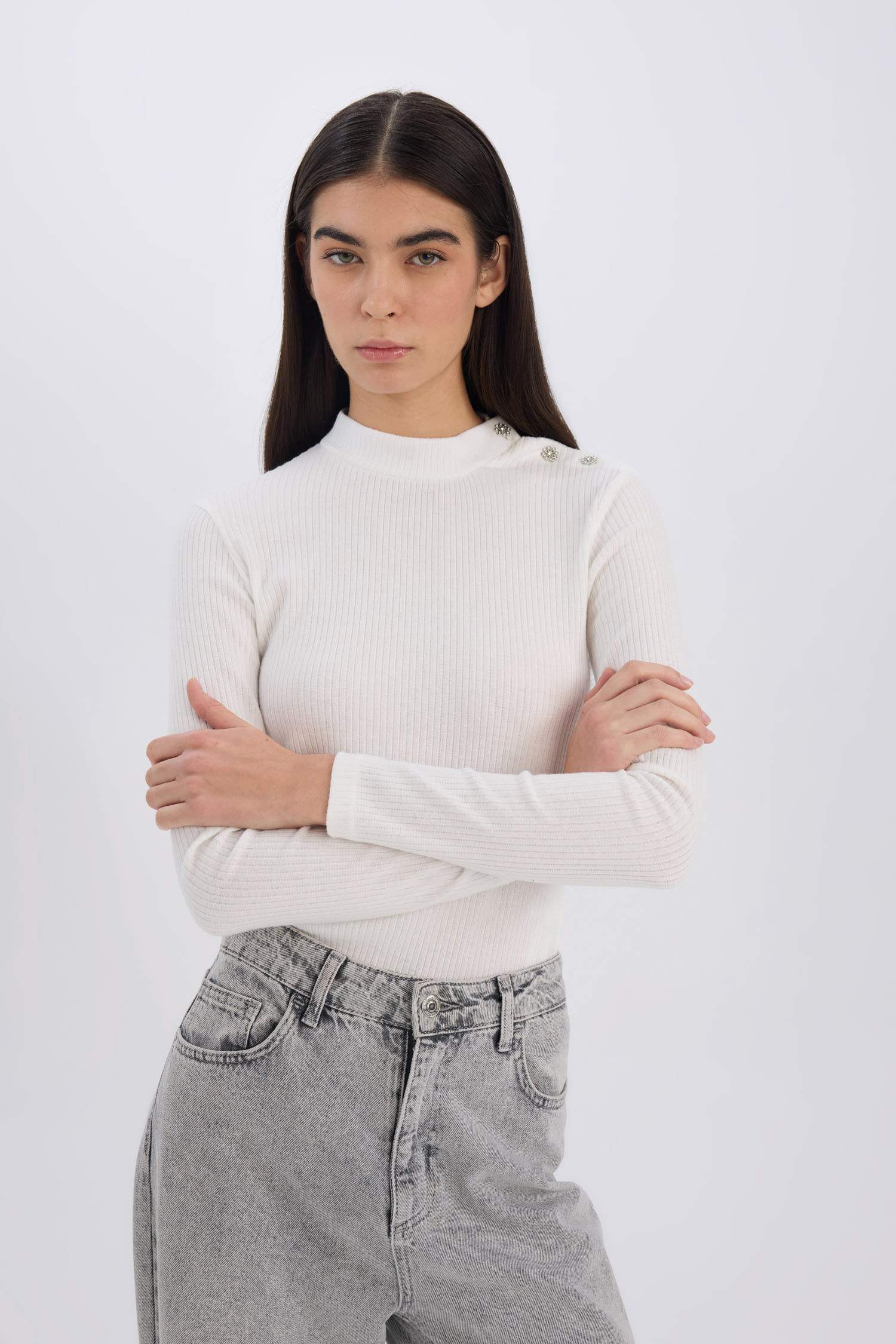 Slim Fit Dar Kesim Yarım Balıkçı Yaka Fitilli Kaşkorse Uzun Kollu Tişört