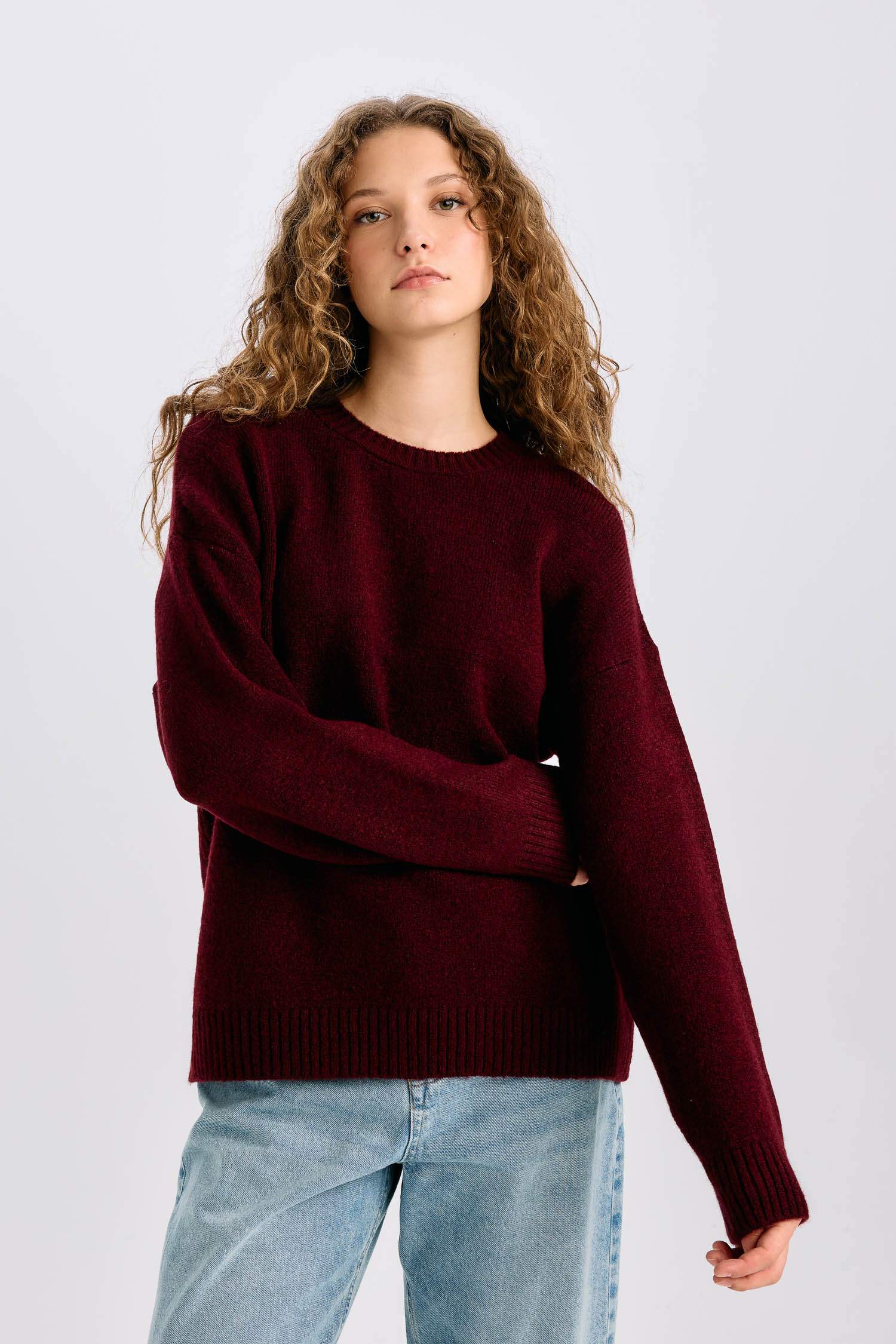 Oversize Geniş Kalıp Bisiklet Yaka Basic Düz Triko Kazak