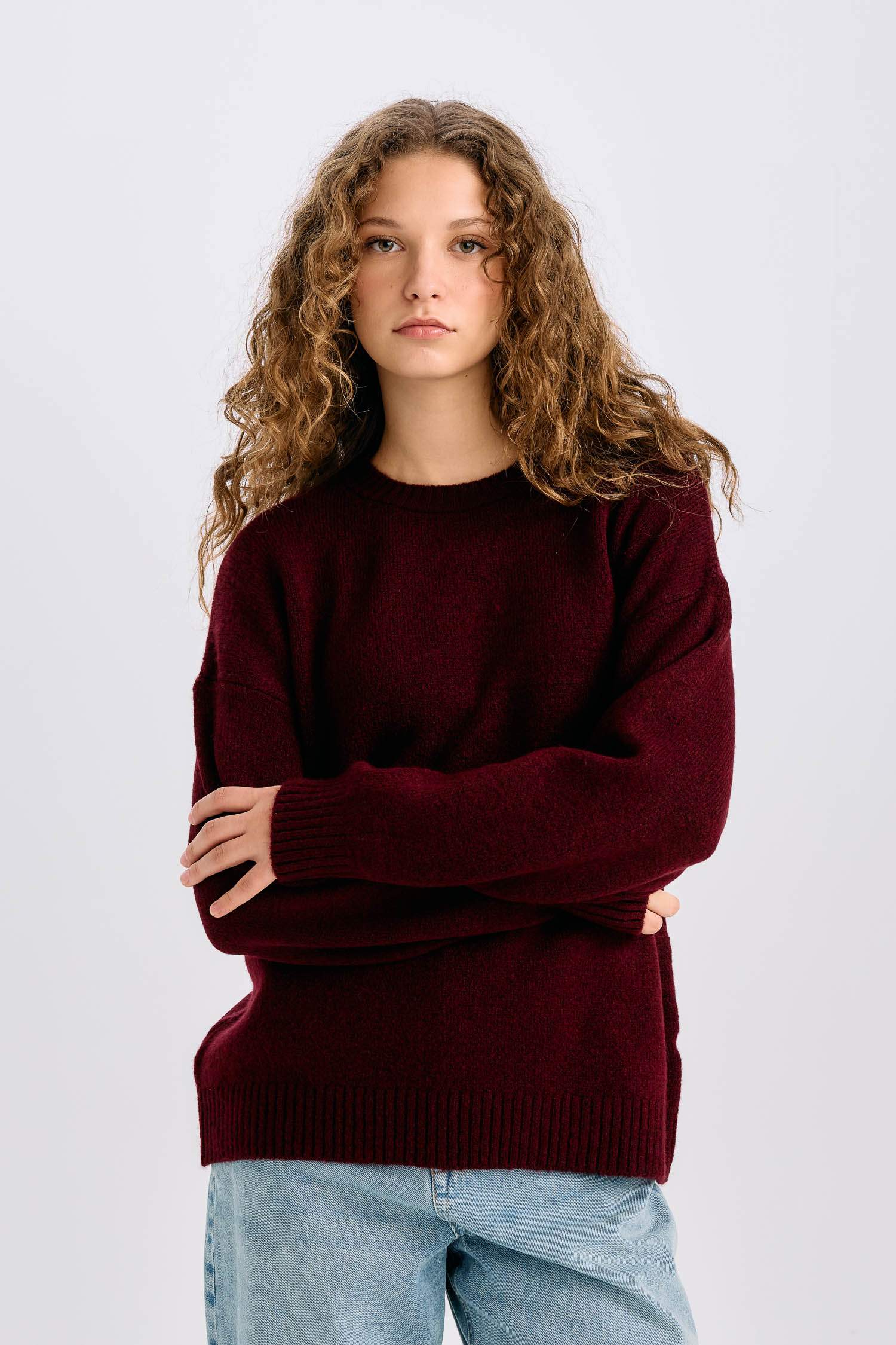 Oversize Geniş Kalıp Bisiklet Yaka Basic Düz Triko Kazak