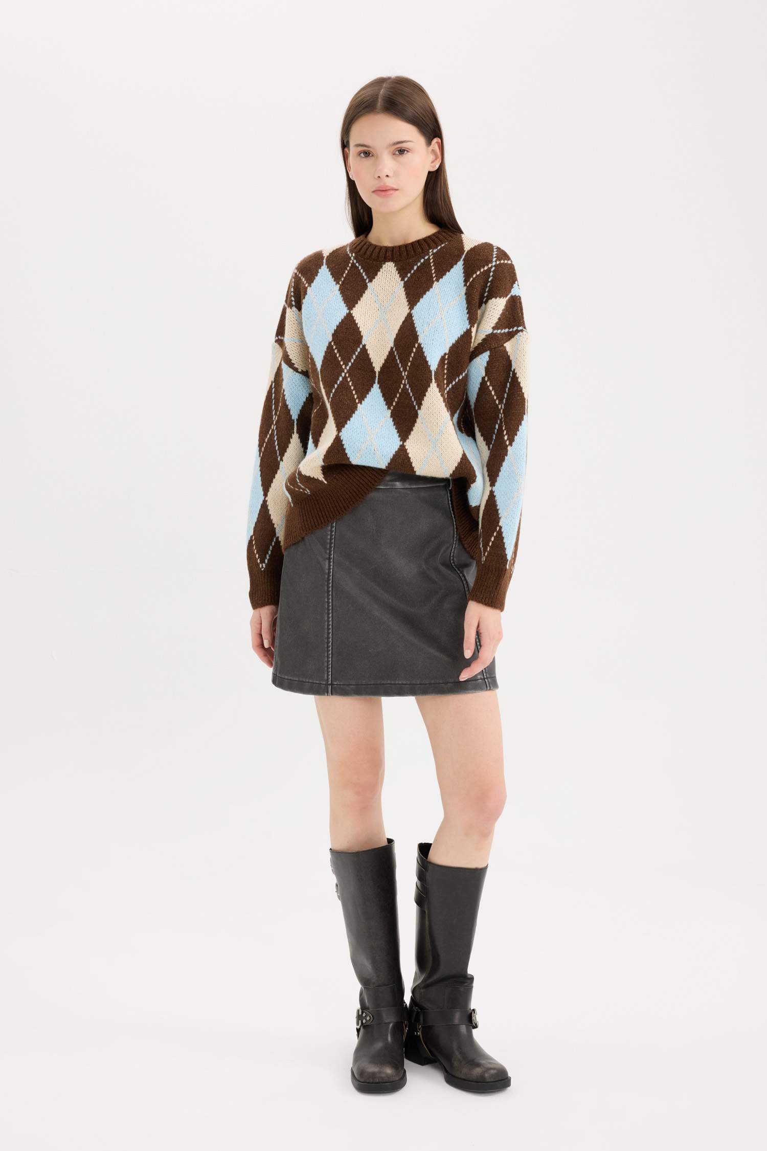 Regular Fit Baklava Desenli Bisiklet Yaka Triko Kazak