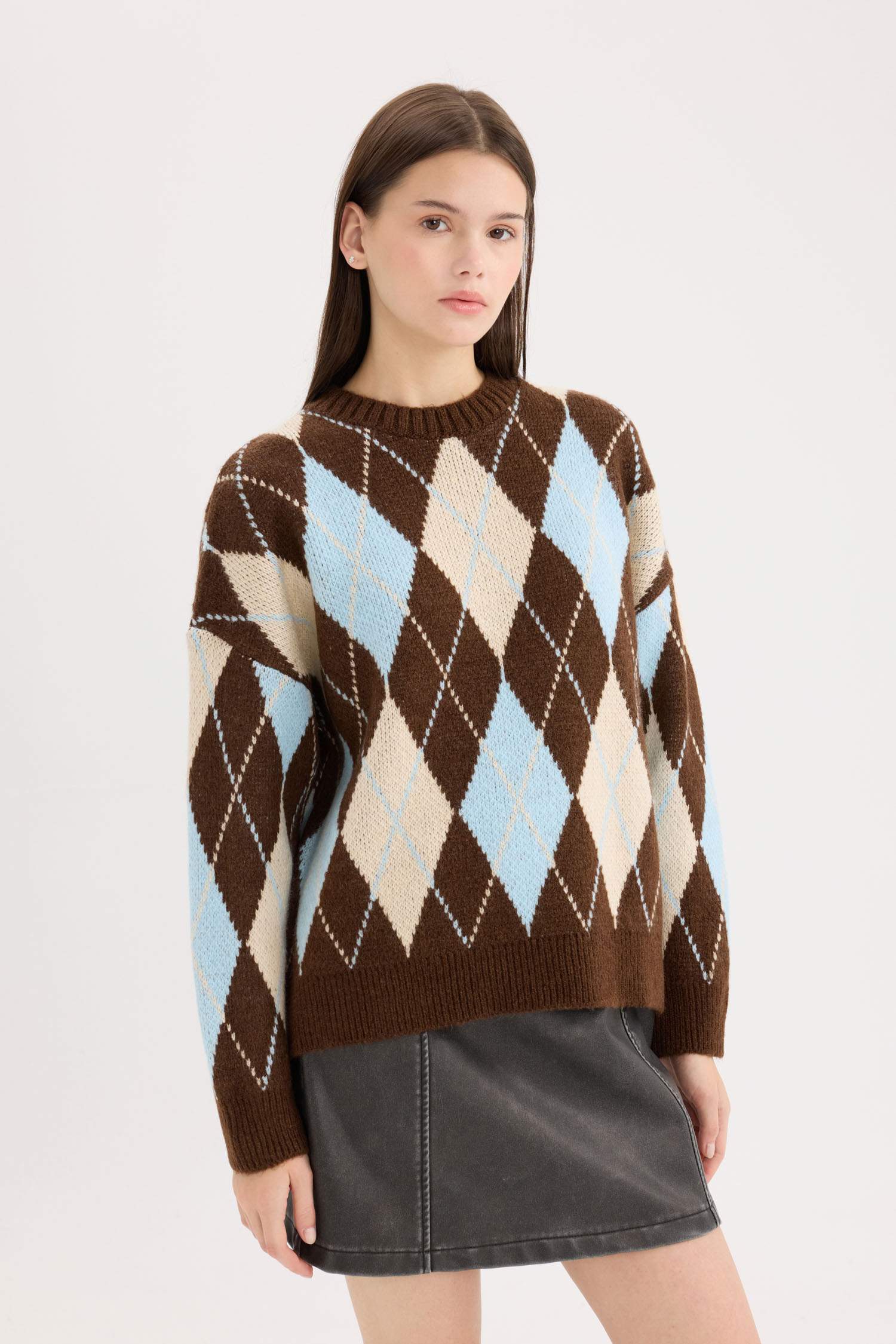 Regular Fit Baklava Desenli Bisiklet Yaka Triko Kazak