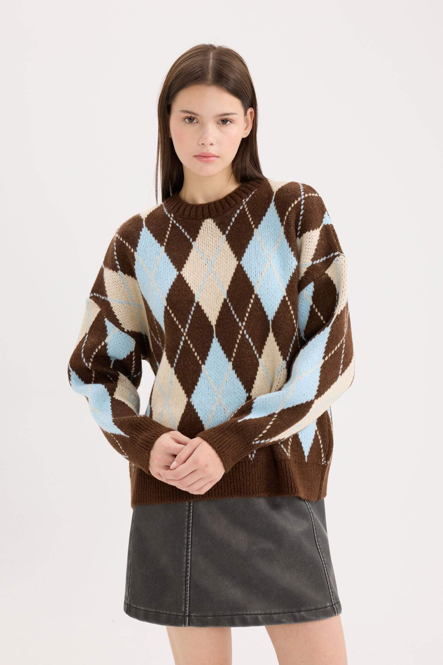 Regular Fit Baklava Desenli Bisiklet Yaka Triko Kazak