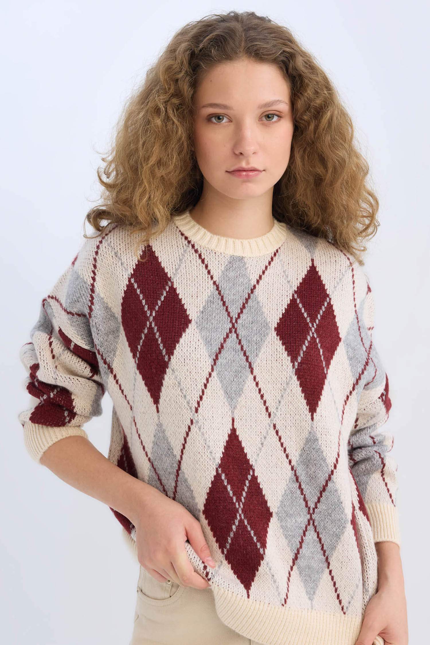 Regular Fit Baklava Desenli Bisiklet Yaka Triko Kazak