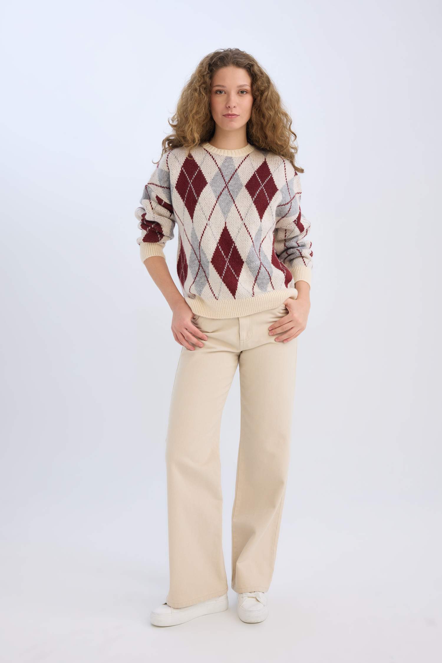 Regular Fit Baklava Desenli Bisiklet Yaka Triko Kazak