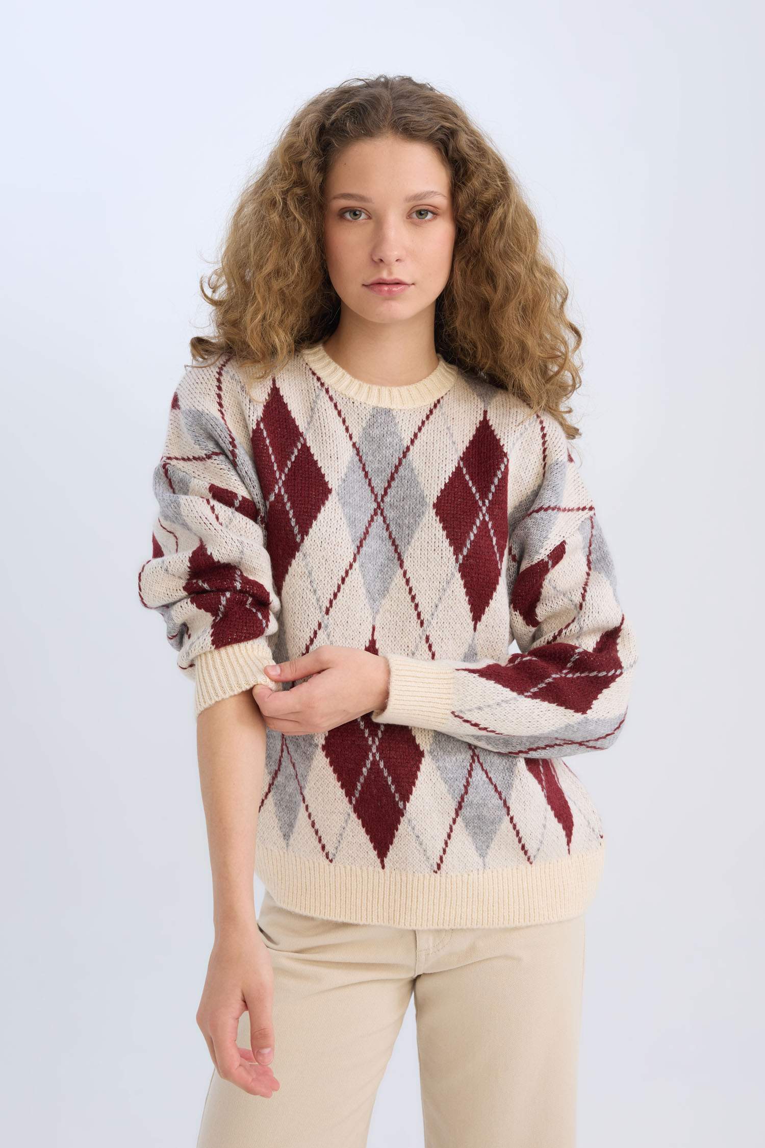 Regular Fit Baklava Desenli Bisiklet Yaka Triko Kazak