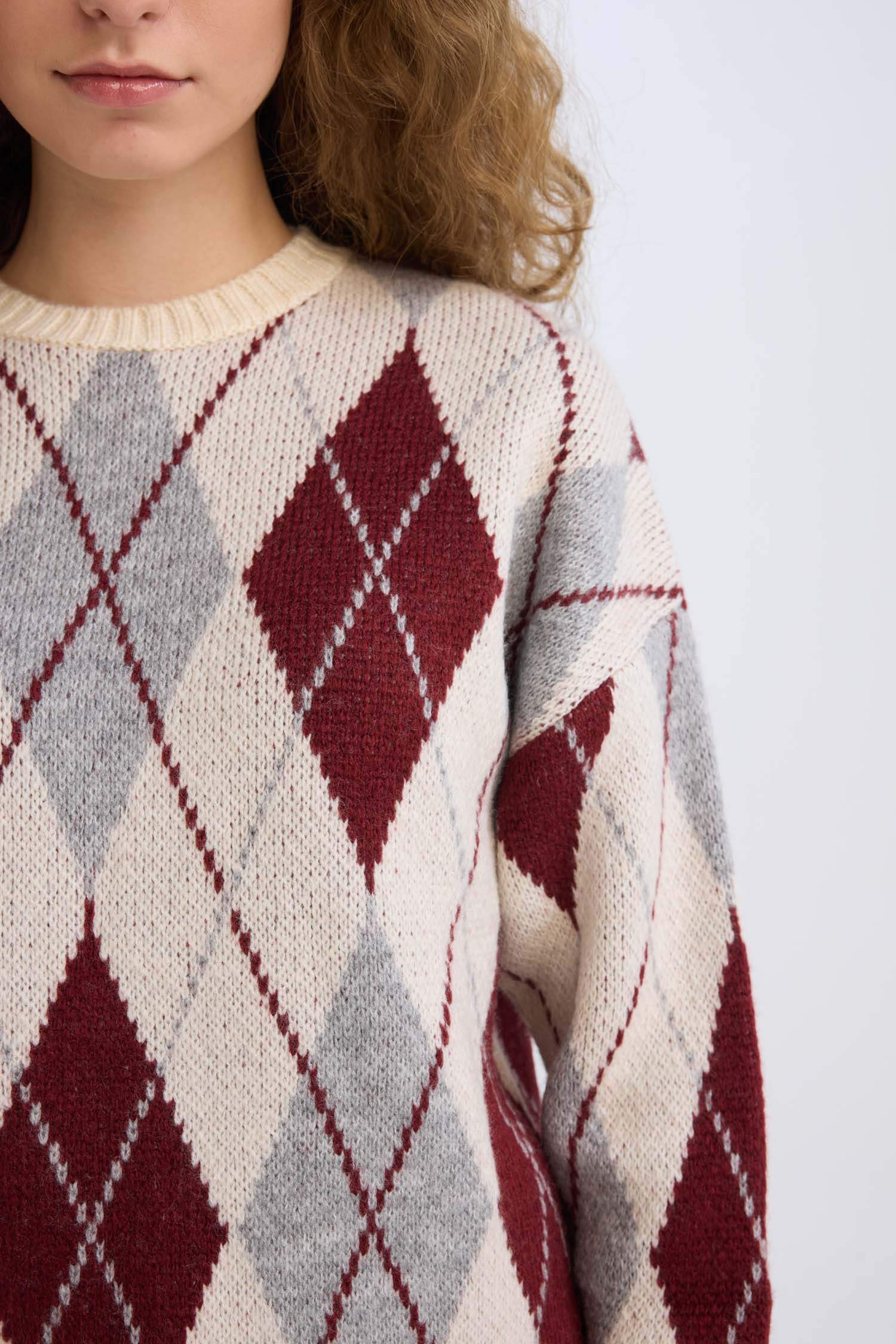 Regular Fit Baklava Desenli Bisiklet Yaka Triko Kazak