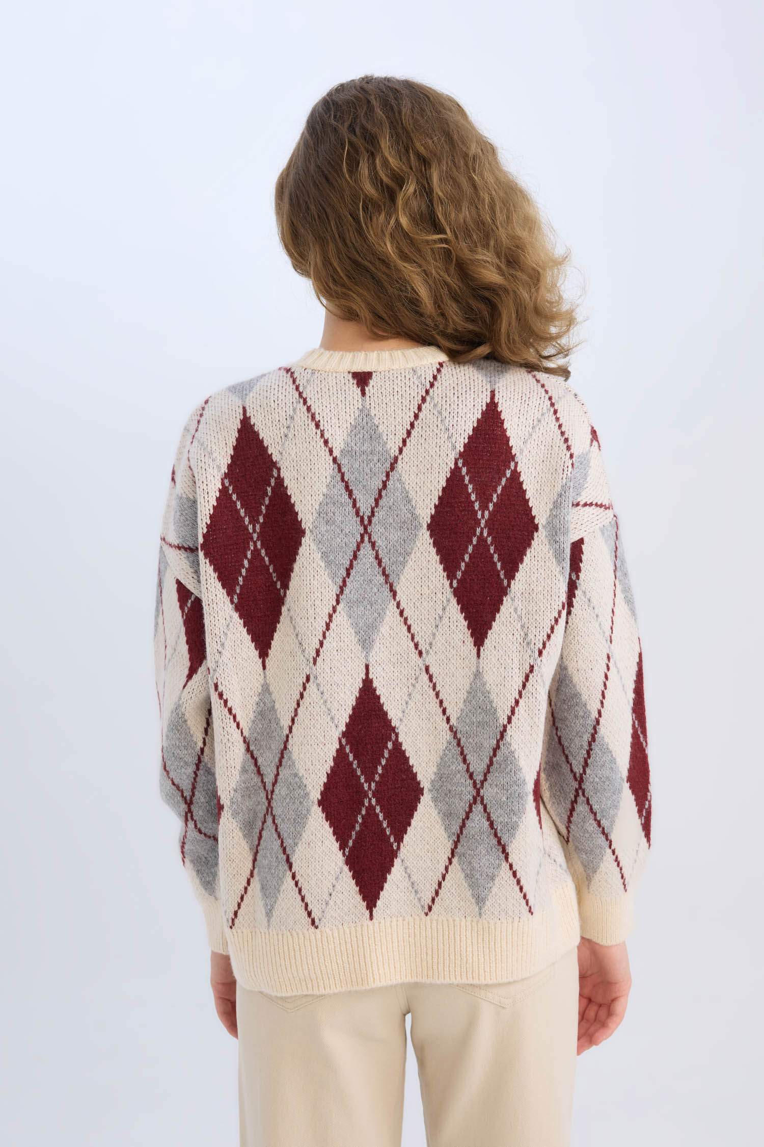 Regular Fit Baklava Desenli Bisiklet Yaka Triko Kazak