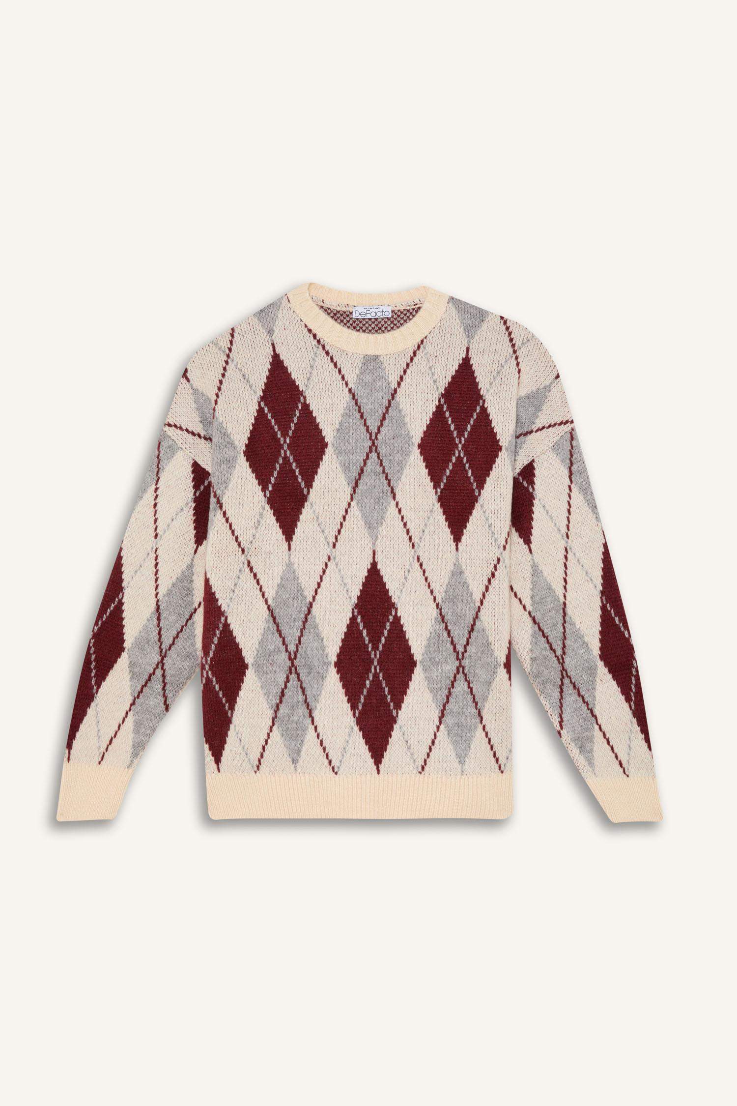 Regular Fit Baklava Desenli Bisiklet Yaka Triko Kazak