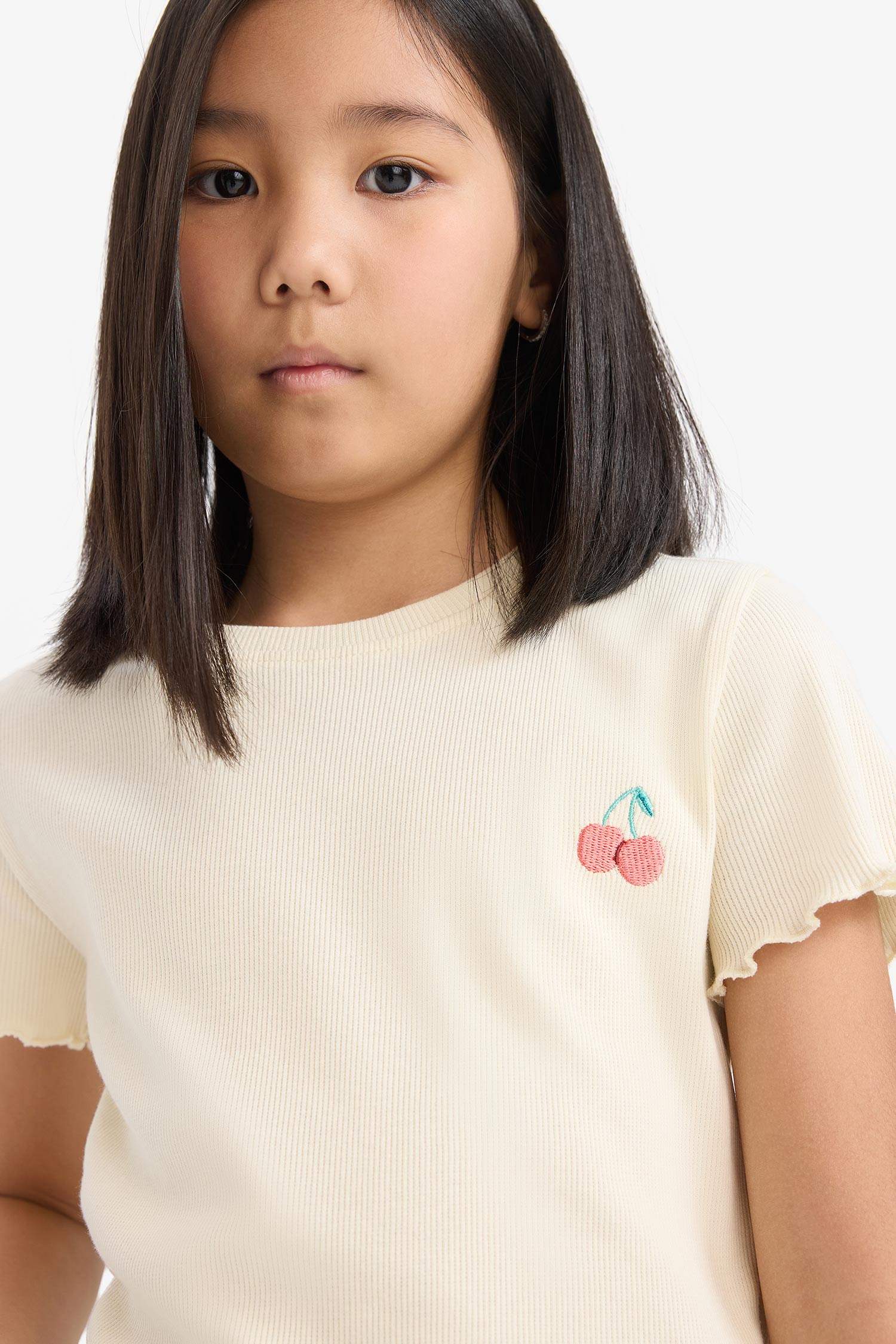 Kız Çocuk Slim Fit Dar Kesim Bisiklet Yaka Baskılı Fitilli Kaşkorse Kısa Kollu Tişört