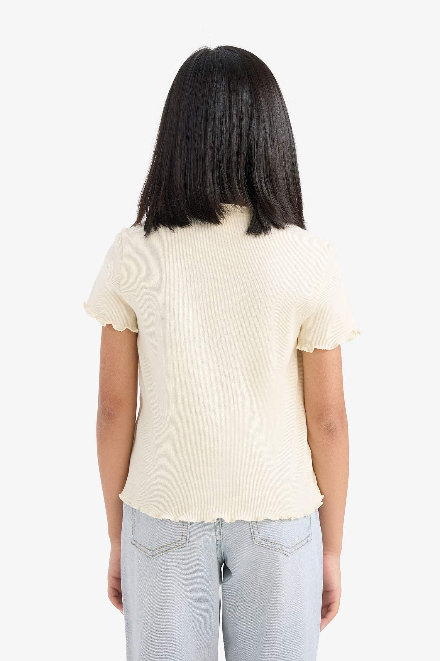 Kız Çocuk Slim Fit Dar Kesim Bisiklet Yaka Baskılı Fitilli Kaşkorse Kısa Kollu Tişört