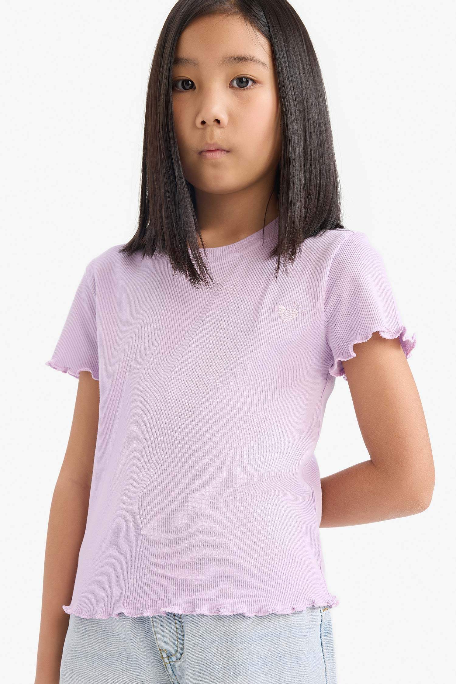 Девочка Футболка В Обтяжку в Рубчик с Круглым Вырезом и Коротким Рукавом