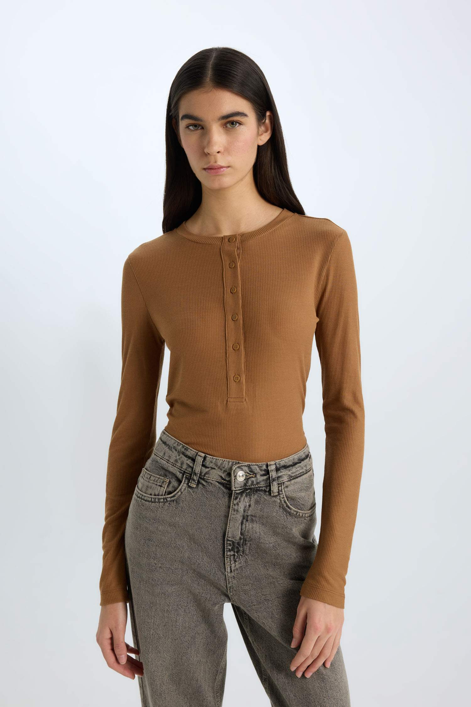 Slim Fit Dar Kesim Bisiklet Yaka Fitilli Kaşkorse Uzun Kollu Tişört