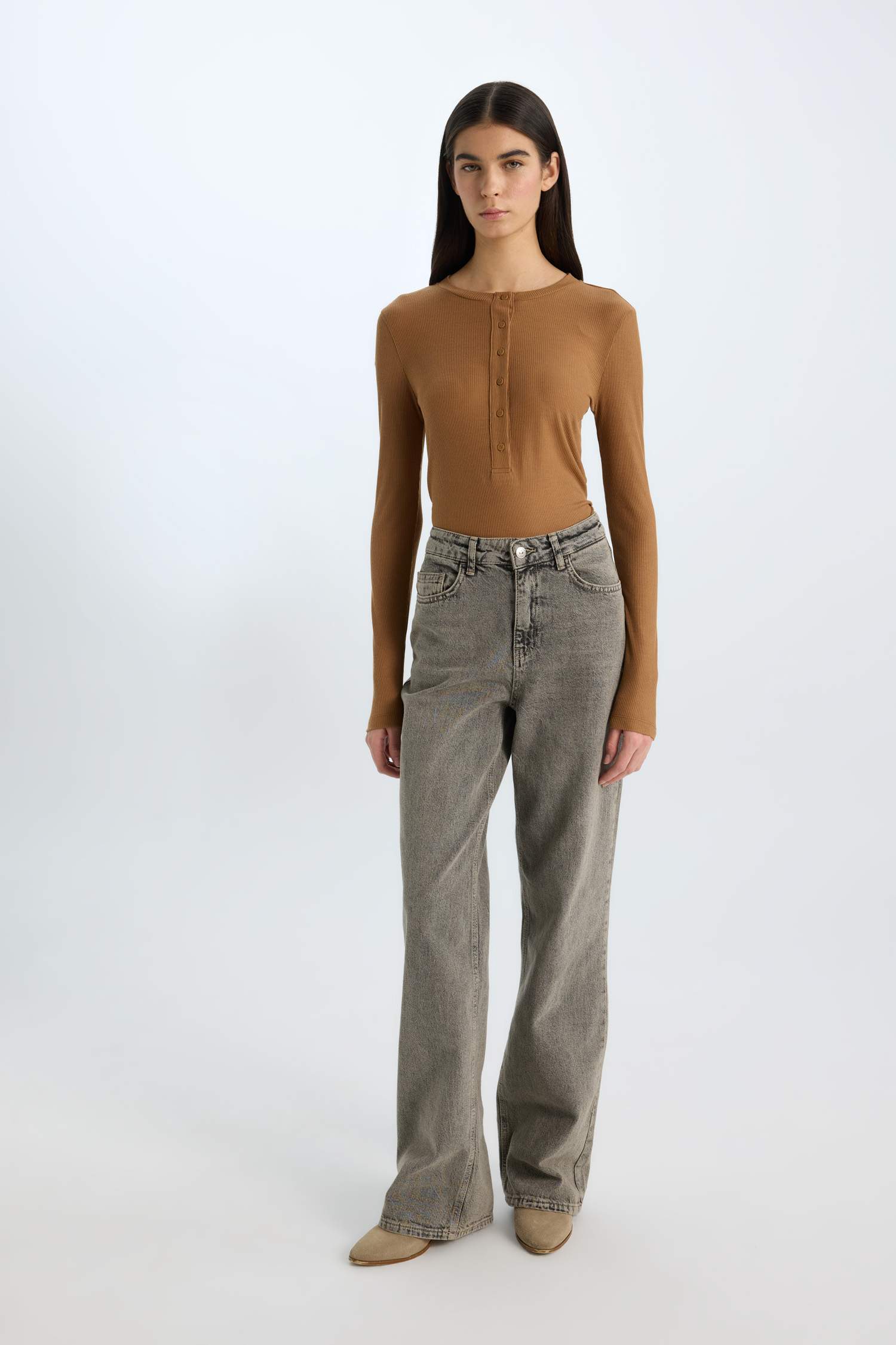 Slim Fit Dar Kesim Bisiklet Yaka Fitilli Kaşkorse Uzun Kollu Tişört