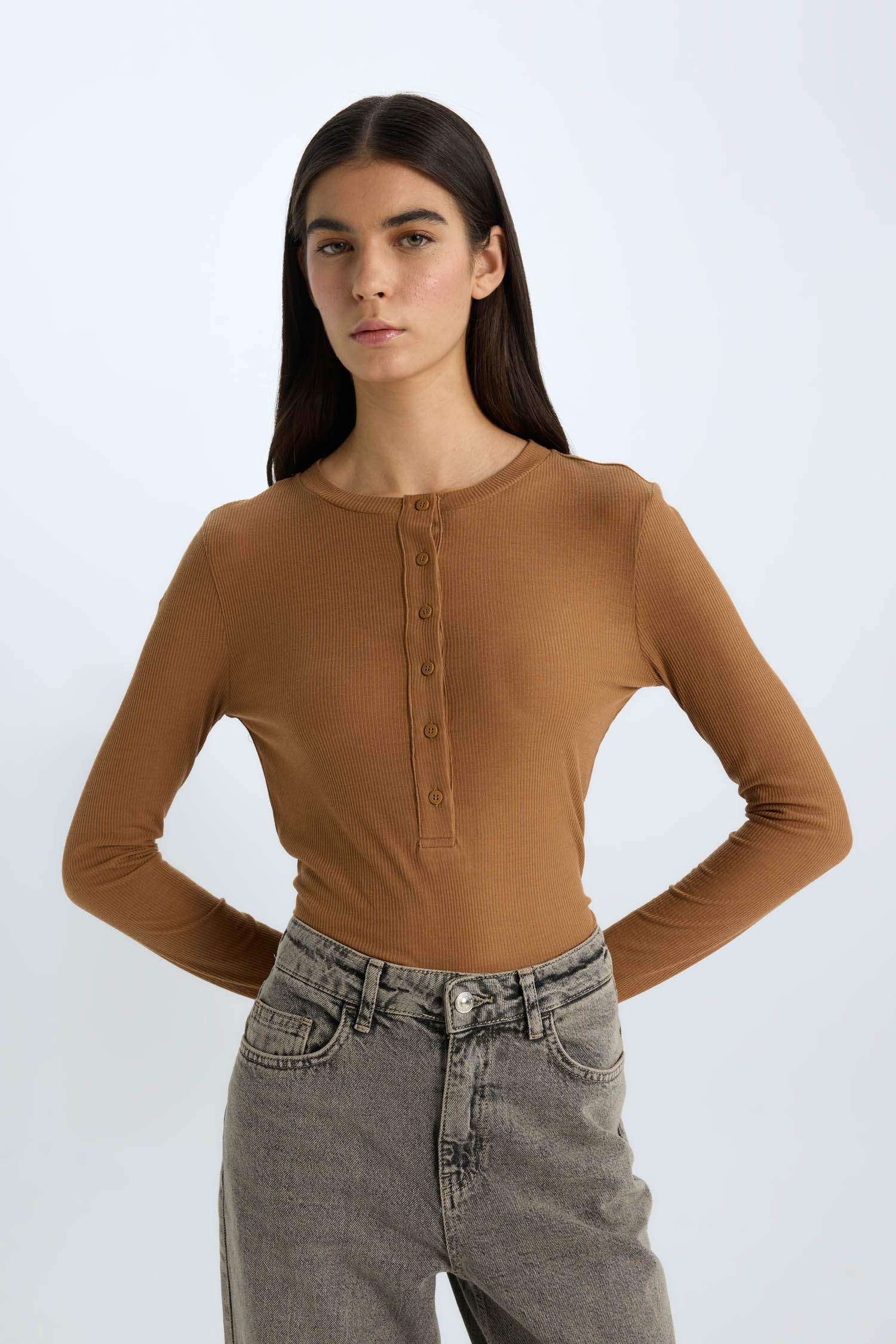 Slim Fit Dar Kesim Bisiklet Yaka Fitilli Kaşkorse Uzun Kollu Tişört