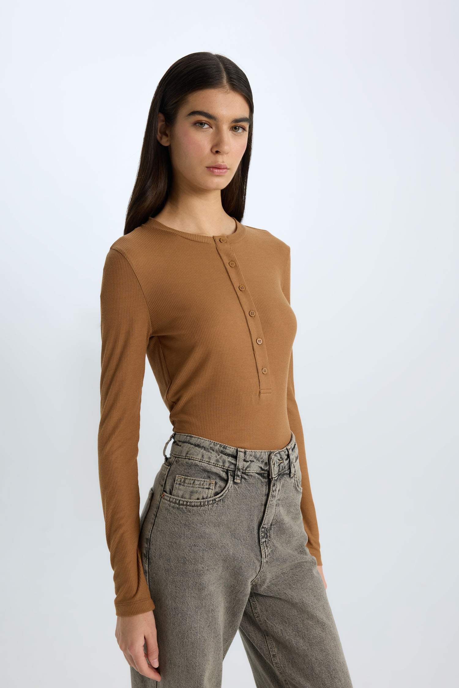 Slim Fit Dar Kesim Bisiklet Yaka Fitilli Kaşkorse Uzun Kollu Tişört