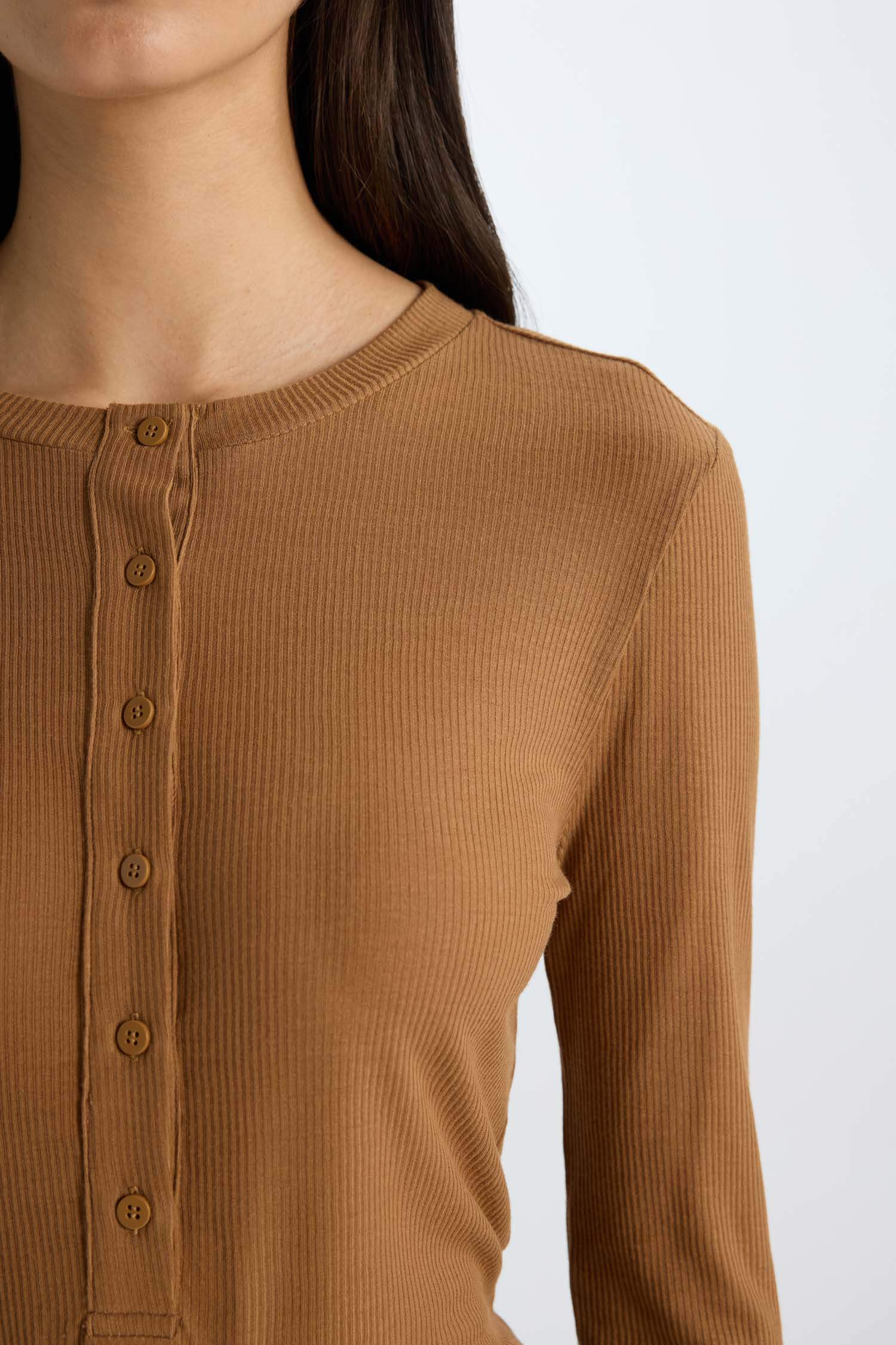 Slim Fit Dar Kesim Bisiklet Yaka Fitilli Kaşkorse Uzun Kollu Tişört