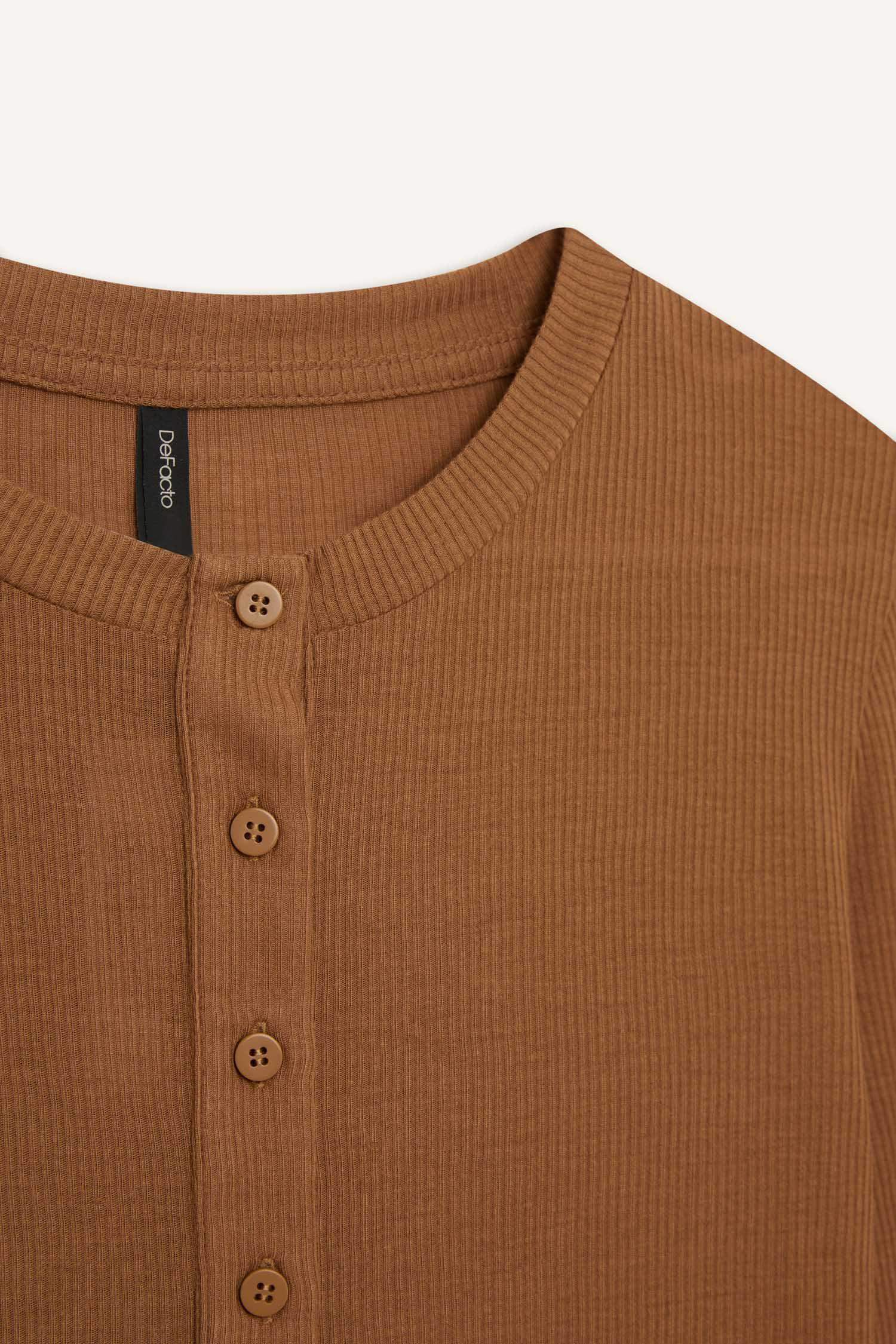 Slim Fit Dar Kesim Bisiklet Yaka Fitilli Kaşkorse Uzun Kollu Tişört